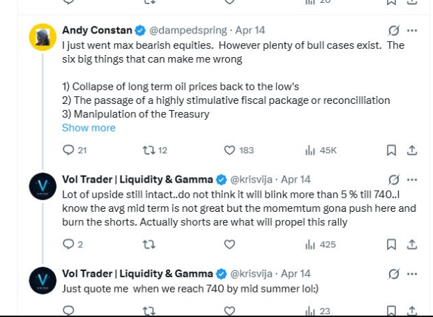 krisvija's tweet photo. @Mr_Derivatives @fundstrat @Mr_Derivatives  Why not me ? I have asked Andy to quote me when we reach 740 mid summer ..I mean dead right and 200 odd followers :-(. It was on 14th April.. dont know when Tom gave a call but he was wrong twice this year before this one so I should get priority 😇 https://t.co/HAjTLh7VwM