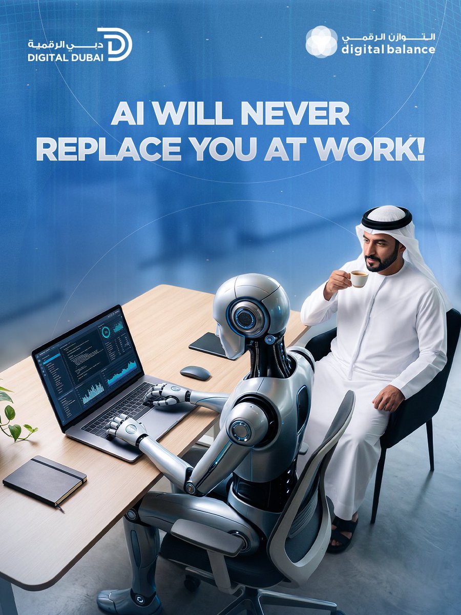 DigitalDubai's tweet photo. AI contributes to accelerating work and improving productivity, but achieving #DigitalBalance requires using it as a supportive tool, while maintaining logical critical thinking and mindful review.
Technology supports you… when used mindfully!
#DigitalDubai
@CDA_Dubai
@DHA_Dubai
@KHDA