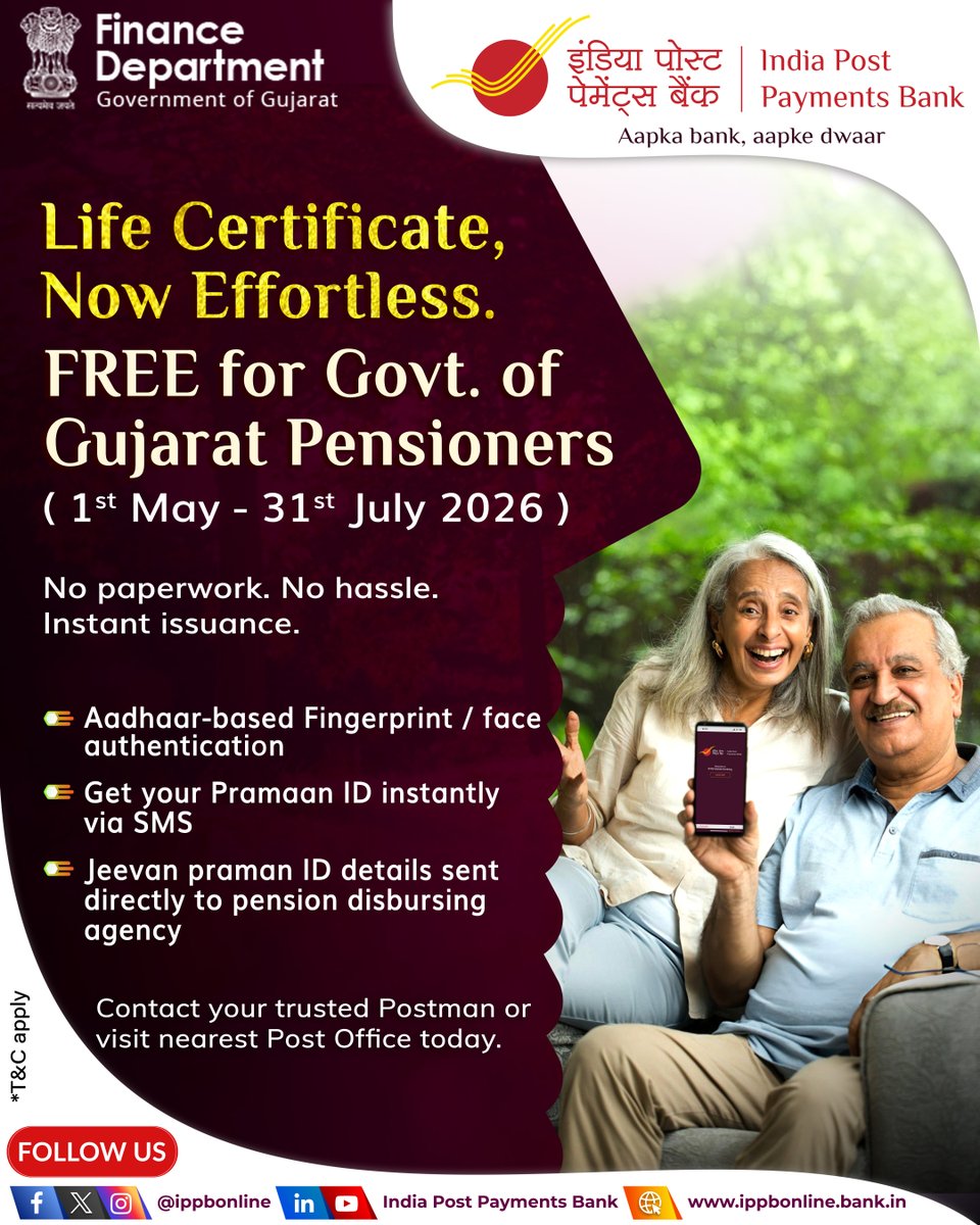 IPPBOnline's tweet image. Your Jeevan Pramaan Patra is now at your doorstep!

India Post Payments Bank &amp;amp; Government of Gujarat entered into an MoU to offers FREE Digital Life Certificate service to its pensioners across the state.

No paperwork. No travel. Instant issuance through Aadhaar biometric