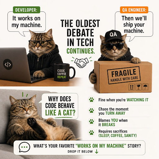 plegotech's tweet photo. Developer: "It works on my machine."

QA Engineer: "Then we'll ship your machine."

The oldest debate in tech continues.

Why does code behave like a cat?
🐱 Fine when you're watching it
🐱 Chaos the moment you turn away
🐱 Blames YOU when it breaks
🐱 Requires sacrifices https://t.co/c8vx0DeQ7j