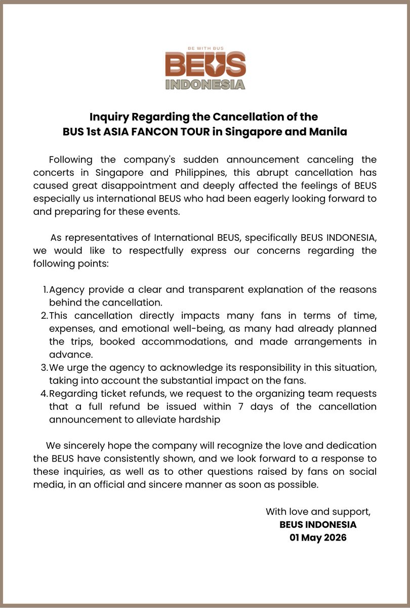 BUSshine__id's tweet image. [Open Letter Regarding the Cancellation of the BUS 1st ASIA FANCON TOUR in Singapore and Manila]  

We are waiting for your official response,
@BUS_SONRAY @sonraymusic 

#BUS_THEFIRSTLIGHT 
#BUS_The1stAsiaFanconTour 
#BUSbecauseofyouishine