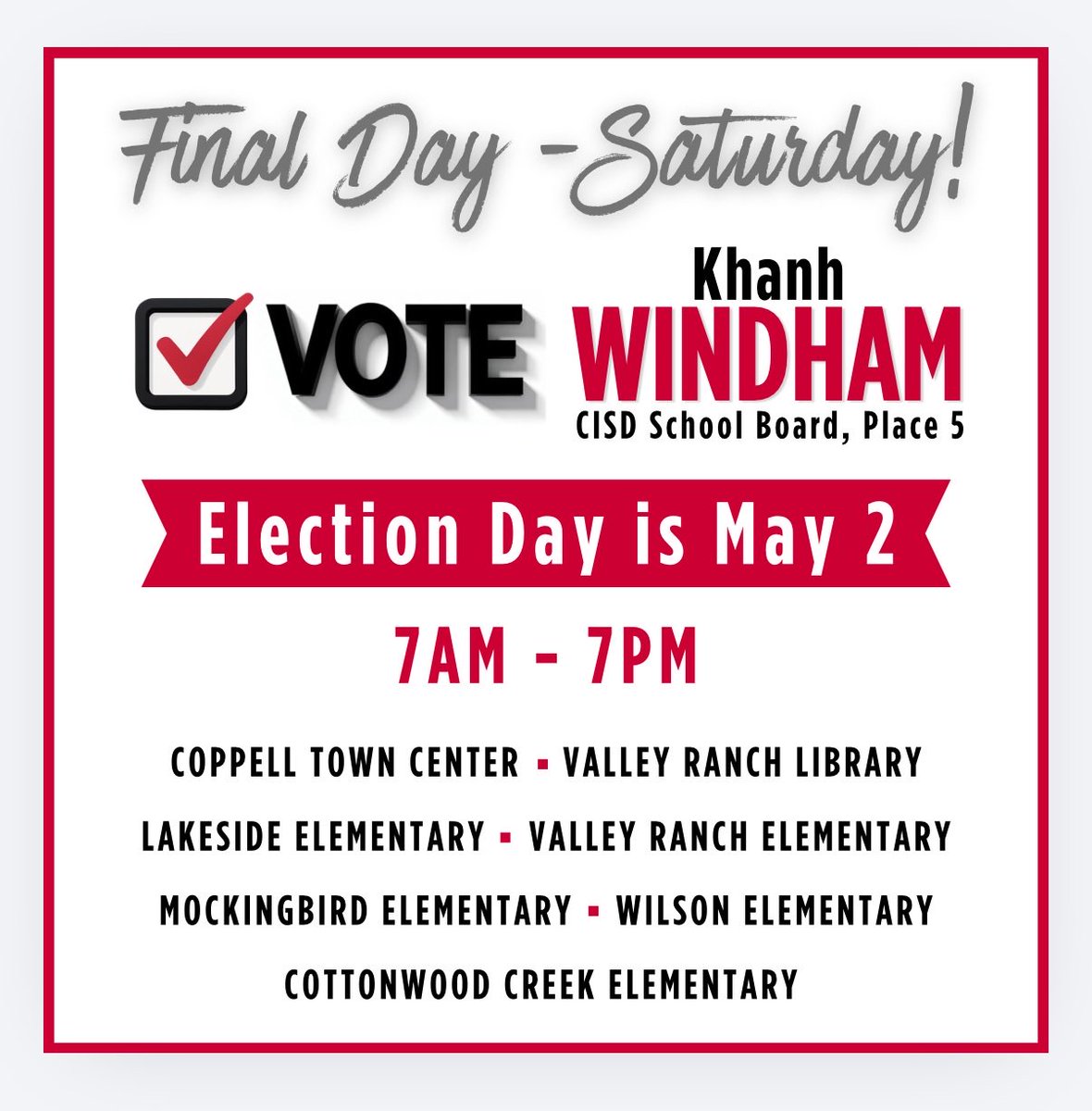 Windham4CISD's tweet photo. TOMORROW is your LAST chance to vote for CISD School Board Place 5! Polls will be open from 7am-7pm. Every vote will matter so please make your voice heard. 🗳️
I am asking for your vote and would be honored to have your support.
https://t.co/GCjf75LZyr
#yourvotematters https://t.co/4tPjrRPcQo