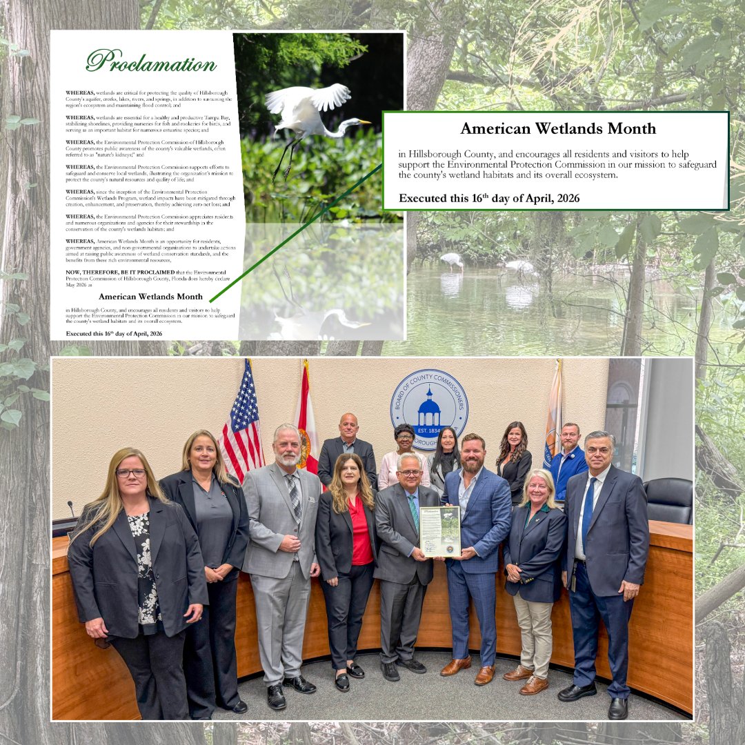 EPCHC's tweet photo. May is Wetlands Month! Commissioner Harry Cohen read the May is Wetlands Month Proclamation declaring May as American Wetlands Month. We hope to see you at our 10th Annual Guided Wetlands Walks on May 2nd at Lettuce Lake Park and May 16th at Upper Tampa Bay Park. https://t.co/ITx81b9zDn