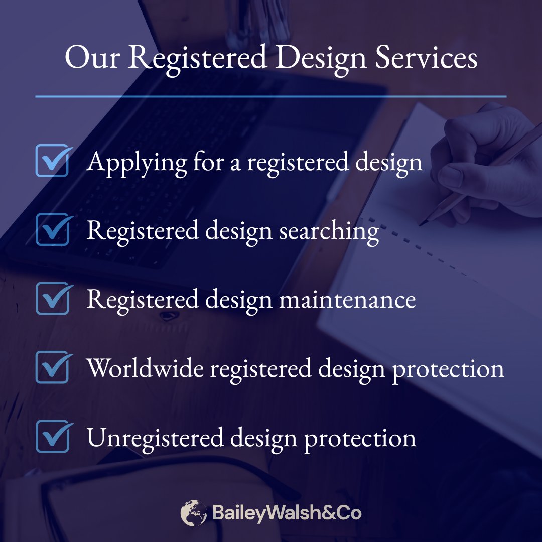 BaileyWalshLLP's tweet photo. Did you know we offer a range of different services when it comes to registered designs?

This includes:

✨ Registered design applications
✨ registered design searching
✨ Maintenance
✨ Worldwide protection
✨ Unregistered design protection

Learn more: https://t.co/jHYIYseGCp https://t.co/lLqKDl0iNf