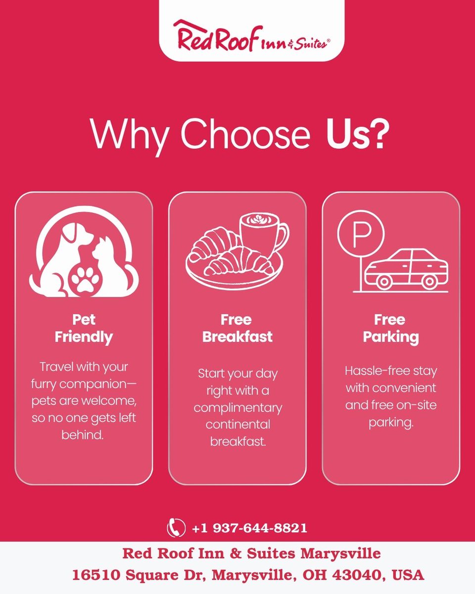RoofRedoh's tweet photo. Why Choose Red Roof Inn &amp; Suites Marysville? 🐾 Start your day with a free breakfast, enjoy hassle-free parking, and bring along your furry friend! 🐶 Convenient, comfortable, and affordable.
📍 16510 Square Drive 
Marysville OH 43040
📞 937-644-8821
📧 i1469@RedRoof.com
#RedRoof https://t.co/z95a8SJlLV