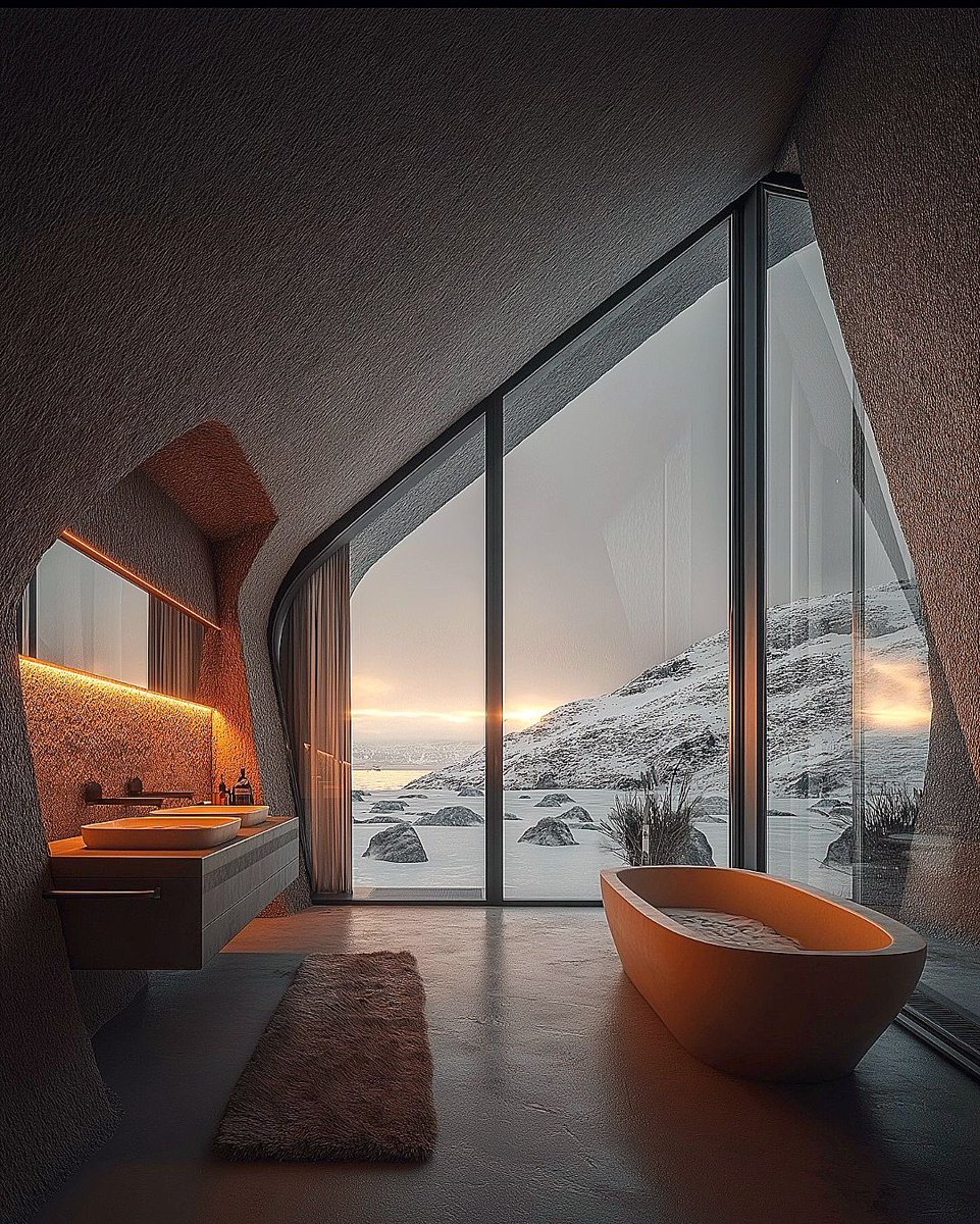 bllbuggy's tweet image. A luxury retreat wrapped in winter’s silence ❄️🛁 Warm light, smooth stone, and floor-to-ceiling views of a frozen landscape—comfort and nature in perfect balance.

#LuxuryLiving #WinterEscape #ModernArchitecture #CozyVibes #DreamHome