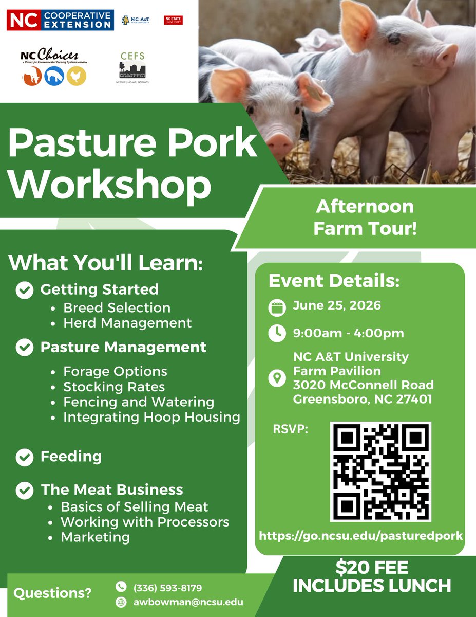 infoCEFS's tweet photo. Interested in raising pastured pork?🐖🌾Join NC Cooperative Extension &amp; NC Choices on June 25 for a Pasture Pork workshop + farm tour @ncatsuaggies Farm Pavilion in Greensboro! Topics: breed selection, herd &amp; pasture mgmt, meat businesses + more. Register: https://t.co/4x8N1OXZD0 https://t.co/inUMbJwVrG