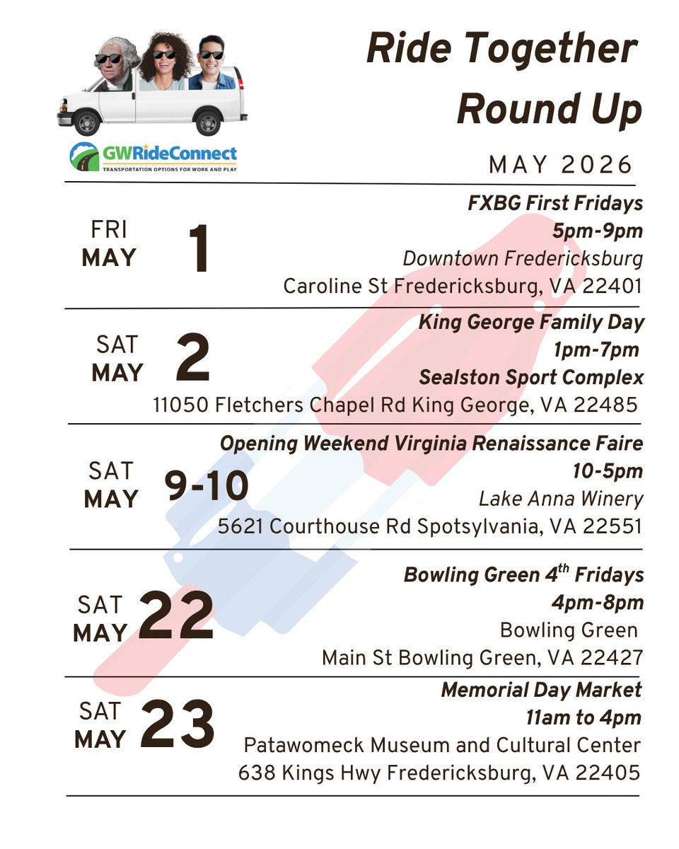 GWRideConnect's tweet photo. One of the best things about living in our region is all   the fun things to do! Here is a list of events around the region happening   this month that are perfect to carpool to! Grab a friend and ride together!   #revolutionizeyourcommute #togetherweride https://t.co/13wWfAgMAu