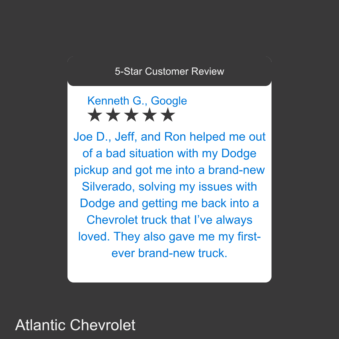 AtlanticChevy's tweet photo. Thank you, Kenneth! We’re glad Joe D., Jeff, and Ron could turn things around and get you into your first brand-new Silverado. Enjoy being back in a Chevy, and thanks for choosing Bradley Chevrolet! https://t.co/U9Z7ZVT5Ih