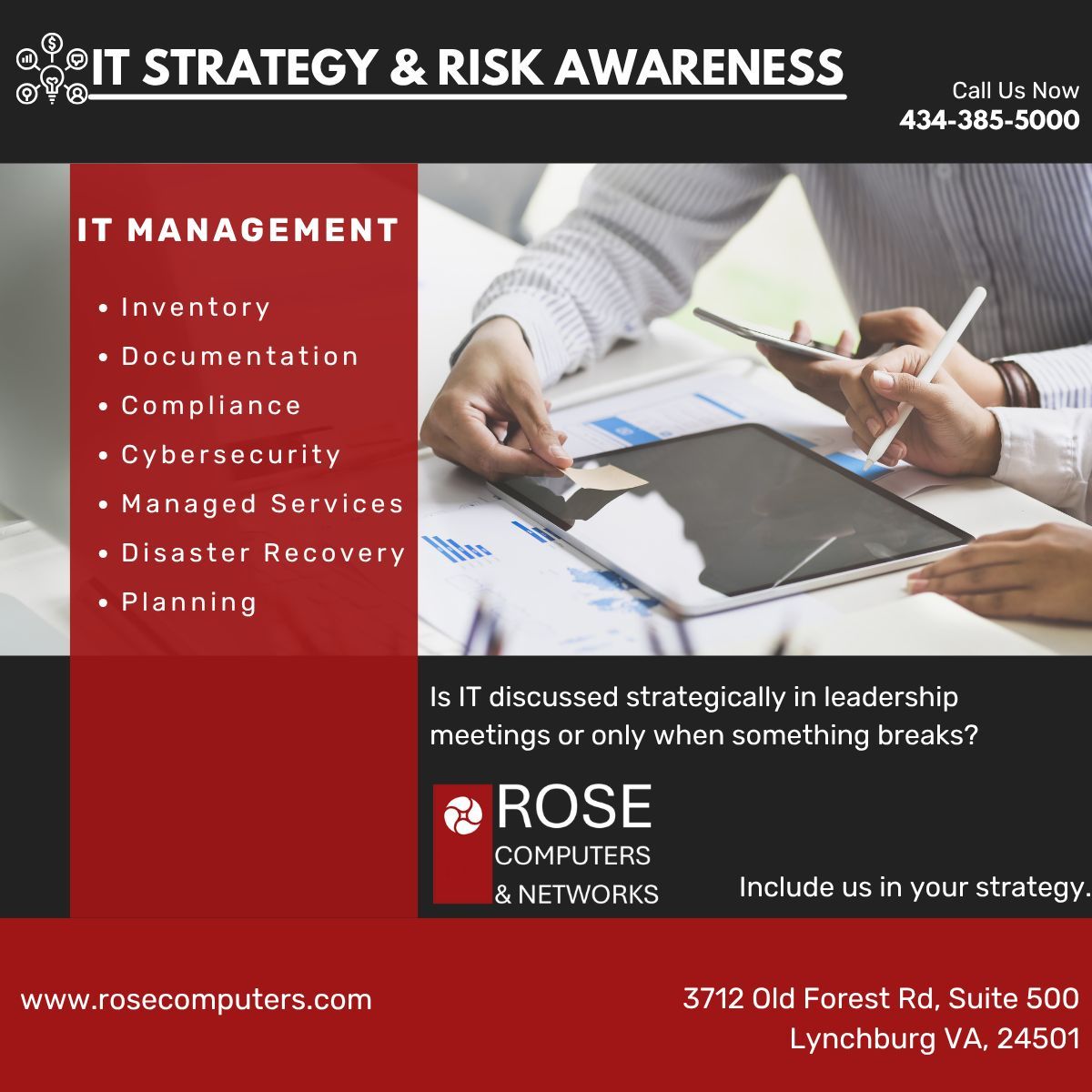 RoseComputers's tweet photo. When technology is managed proactively, small issues are resolved early instead of turning into downtime that disrupts operations and leadership focus. Partner with Rose Computers and Networks, Lynchburg’s leading IT firm. 
#ITManagement #ITInventory #BusinessTechnology https://t.co/j80tSX14As