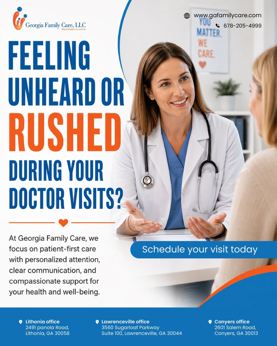 GAFamilyCare1's tweet image. Tired of rushed appointments?

At Georgia Family Care, we provide patient-centered care with personalized treatment, clear communication, and compassionate support for your health. 

Book now: buff.ly/TpgbRjh

#patientcare #primarycare #healthcare #familycare #wellness