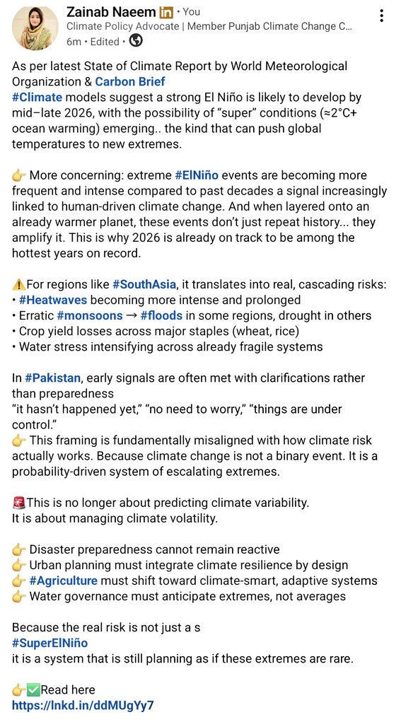 ZainabNaeem7's tweet image. In #Pakistan, early climate signals r met with reassurance,not preparedness.. “it hasn’t hapend yet.” which misreads risk. #ClimateChange is not binary bt probability-driven escalation of extremes. The real danger isn’t #SuperElNiño bt systm thay plans as if these extremes r rare