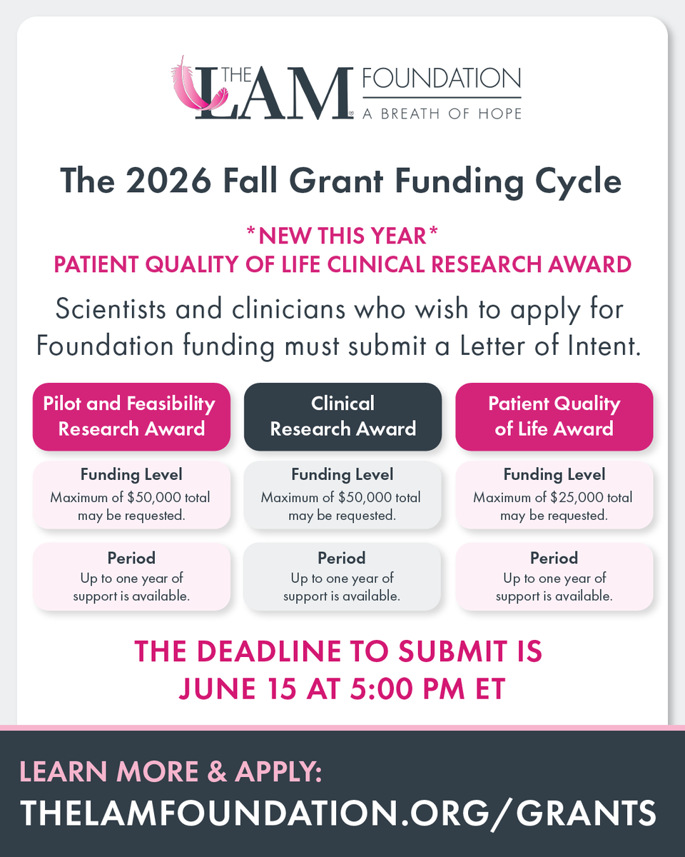 LAMFoundation's tweet image. OPEN NOW! 2026 Fall LAM Grant Funding Cycle.

Scientists who wish to apply for Foundation funding must submit a Letter of Intent (LOI) by June 15th. 
Learn More: Thelamfoundation.org/grants

#MedicalResearch  #WomenInScience #ResearchFunding #ScienceGrants #FundingOpportunity