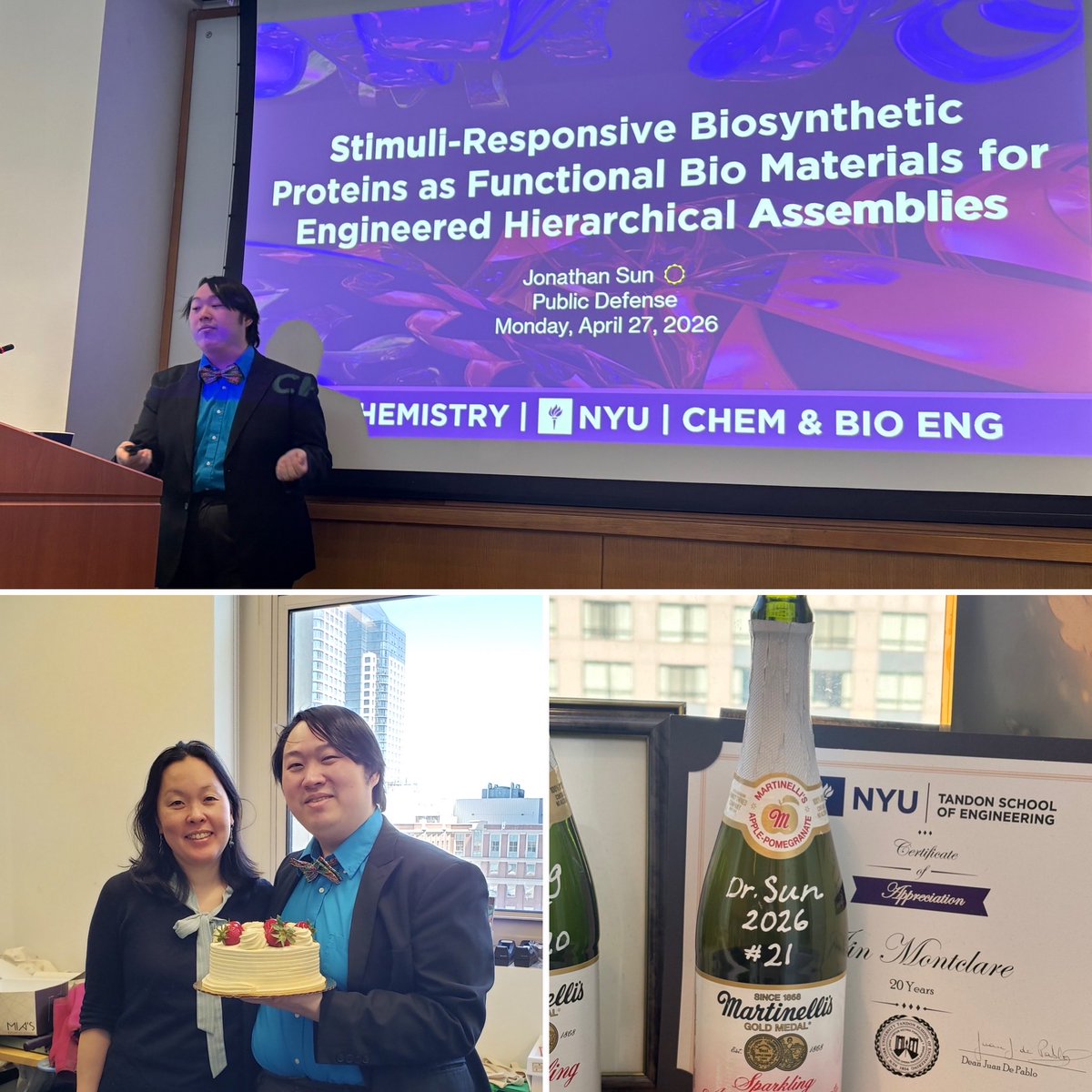 jkmontclare's tweet photo. Please join me in congratulating @MontclareLabs Dr. Jonathan Sun on the successful completion of his PhD thesis and public defense. Jonathan’s work represents a remarkable journey across scales in biomaterials—from fundamental protein design to integrated systems. #phdone #phd21 https://t.co/542pdTyjlt
