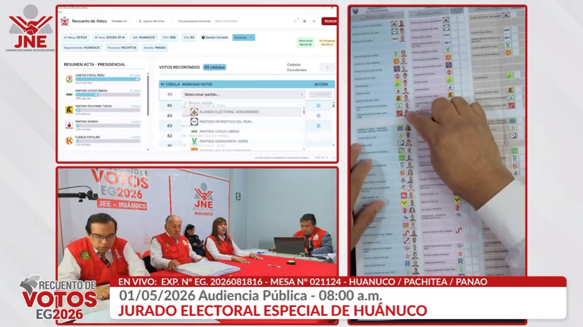 JNE_Peru's tweet image. #EnVivo | #EG2026
Audiencia pública de recuento de votos de actas observadas. 
📍Jurado Electoral Especial de Huánuco⚖️. 
Mesa de sufragio N° 021124 / Huánuco - Pachitea - Panao.
👉 youtube.com/live/2kr_WUu83…

#RecuentoTransparente #TuVotoSeRespeta