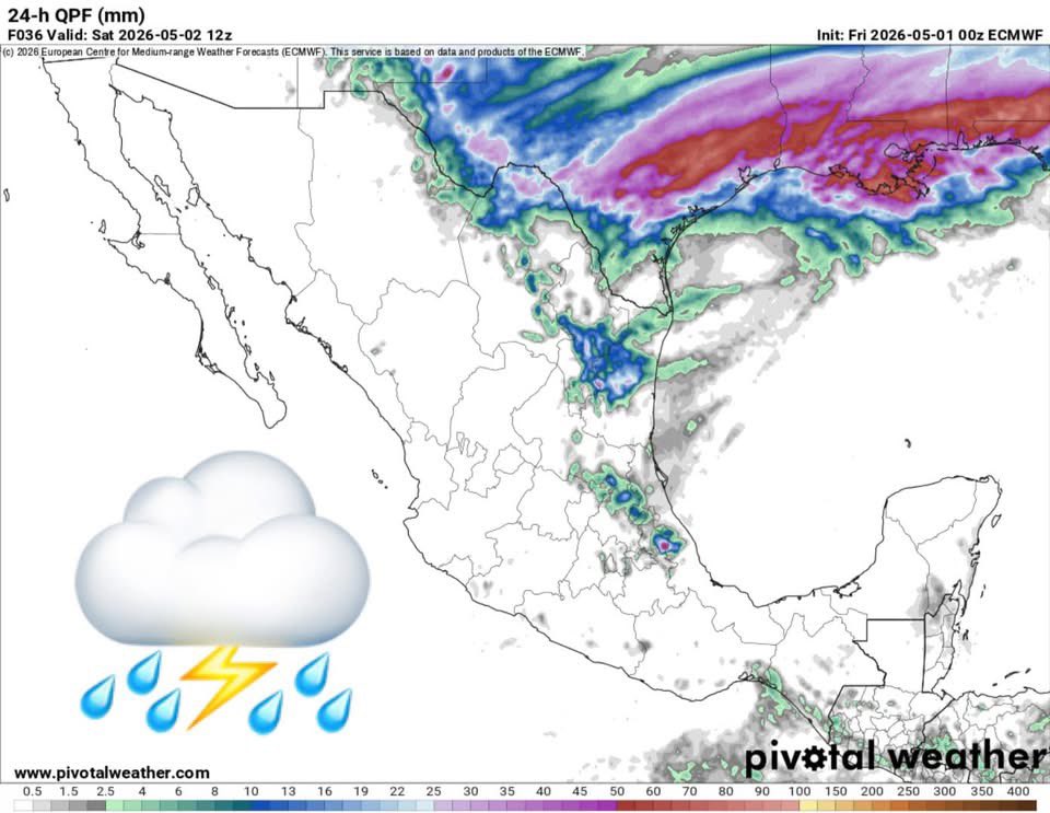 InfoMeteoro's tweet photo. 🔴OCTAVO Y ÚLTIMO DÍA CON #OlaDeCalor
✅PRONÓSTICO VIERNES 1/MAY/2026

“Último día con calor extenso en México, resaltando oriente y sureste; comienzan efectos de #FrenteFrío y #AirePolar sobre el norte/noreste…”

🌡️AMBIENTE DIURNO☀️
🔥>45ºC Ver, Oax
🔥41-45ºC Huasteca, Tierra Caliente, Papaloapan, P. Yucatán
🥵36-40ºC Vertiente del Golfo, sureste, Pacífico
🥵31-35ºC occidente, noreste, noroeste, Bajío 
😅25-30ºC norte, noreste, centro
☺️15-25ºC norte de Chih, Coah, NL

⛈️LLUVIAS/TORMENTAS FUERTES, (granizo)
-Coah, NL, Tamps, 
-Chih, SLP, Qro, Hgo, Pue, Ver, EdoMex, CDMX, Tlax

⚠️🌬️RÁFAGAS DE VIENTO km/h
>80 Chih, Dgo, Zac, SLP, Tamps
35-60 estados del norte, centro, Golfo de México, sureste y zonas de tormentas