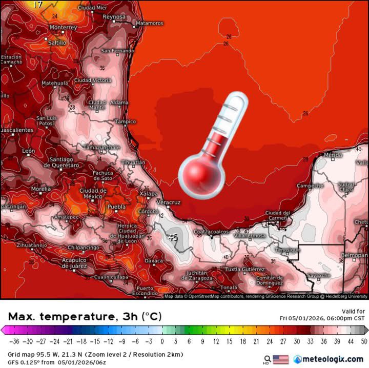 InfoMeteoro's tweet photo. 🔴OCTAVO Y ÚLTIMO DÍA CON #OlaDeCalor
✅PRONÓSTICO VIERNES 1/MAY/2026

“Último día con calor extenso en México, resaltando oriente y sureste; comienzan efectos de #FrenteFrío y #AirePolar sobre el norte/noreste…”

🌡️AMBIENTE DIURNO☀️
🔥>45ºC Ver, Oax
🔥41-45ºC Huasteca, Tierra Caliente, Papaloapan, P. Yucatán
🥵36-40ºC Vertiente del Golfo, sureste, Pacífico
🥵31-35ºC occidente, noreste, noroeste, Bajío 
😅25-30ºC norte, noreste, centro
☺️15-25ºC norte de Chih, Coah, NL

⛈️LLUVIAS/TORMENTAS FUERTES, (granizo)
-Coah, NL, Tamps, 
-Chih, SLP, Qro, Hgo, Pue, Ver, EdoMex, CDMX, Tlax

⚠️🌬️RÁFAGAS DE VIENTO km/h
>80 Chih, Dgo, Zac, SLP, Tamps
35-60 estados del norte, centro, Golfo de México, sureste y zonas de tormentas