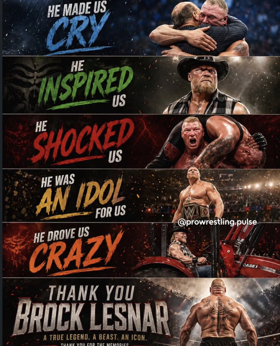Day 11 Posting #ThankYouBrock

Over the years — 𝐁𝐑𝐎𝐂𝐊 𝐋𝐄𝐒𝐍𝐀𝐑 knew how to send the WWE Universe through an array of emotions. 🎢  A True Professional. 🫡