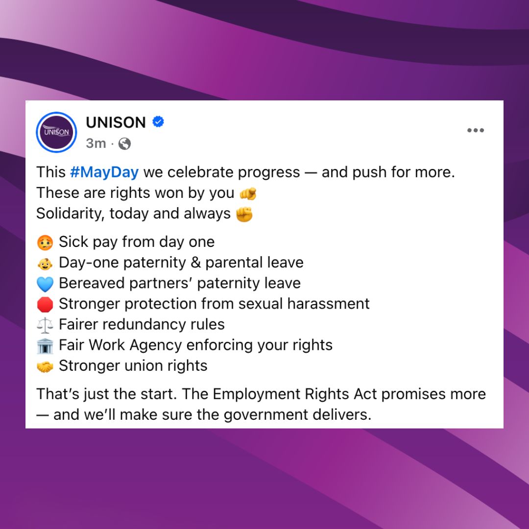 unisontheunion's tweet photo. 💜 This #MayDay we celebrate progress — and push for more.
These are rights won by you 🫵
Solidarity, today and always ✊
#InternationalWorkersDay https://t.co/4xgo7dVw9l