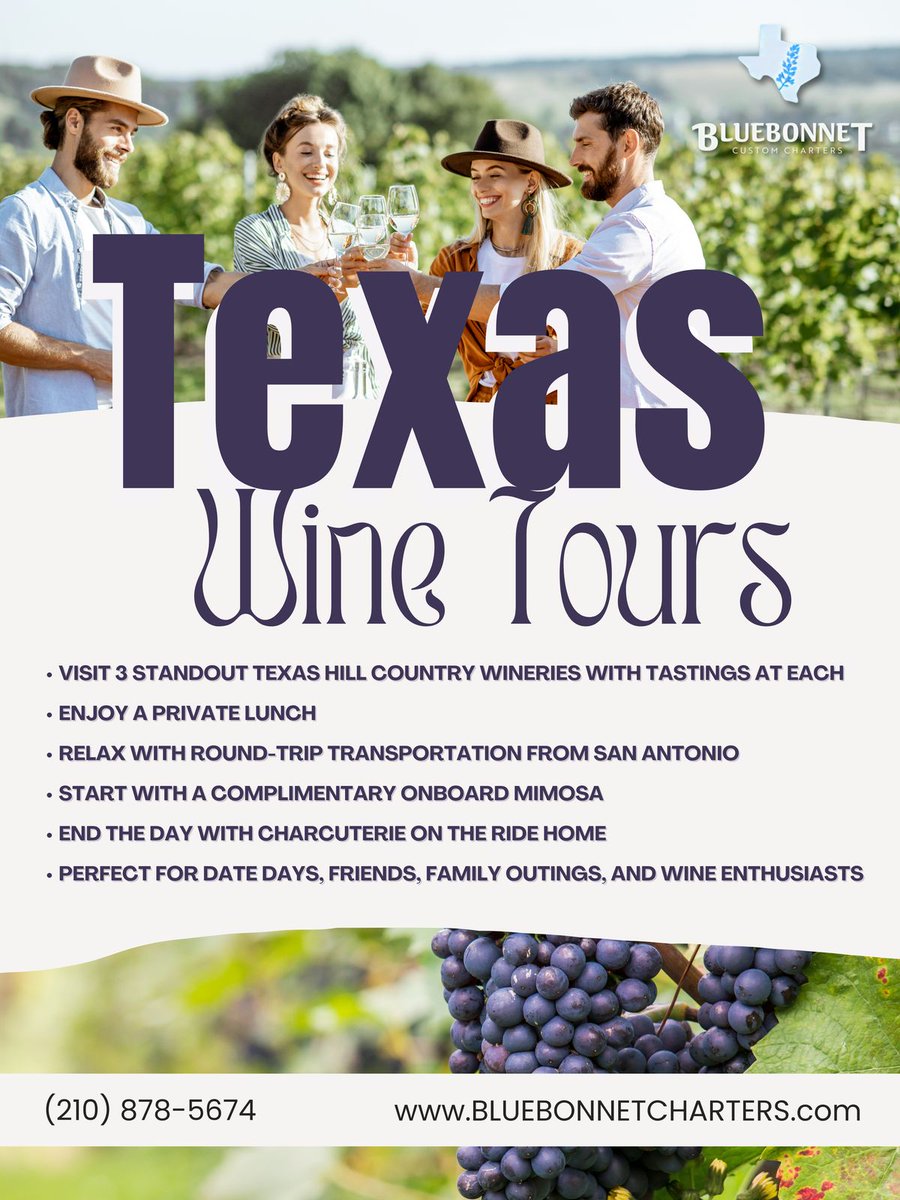 bluebonnettours's tweet image. Experience Hill Country’s finest wineries with Bluebonnet Charters. Our curated tours offer a seamless, luxurious escape. Seats book fast—reserve your unforgettable journey today! Groups, inquire directly.
#bluebonnetcharters #TexasHillCountry #WineTasting #SanAntonio