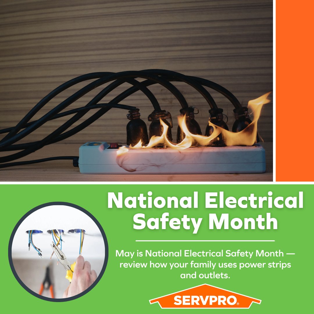 SERVPROOxonHill's tweet image. May is National Electrical Safety Month — check for frayed wires, overloaded outlets, and aging surge protectors around your home. If an electrical issue causes unexpected damage, SERVPRO is Here to Help. 💧 #ElectricalSafety #HereToHelp