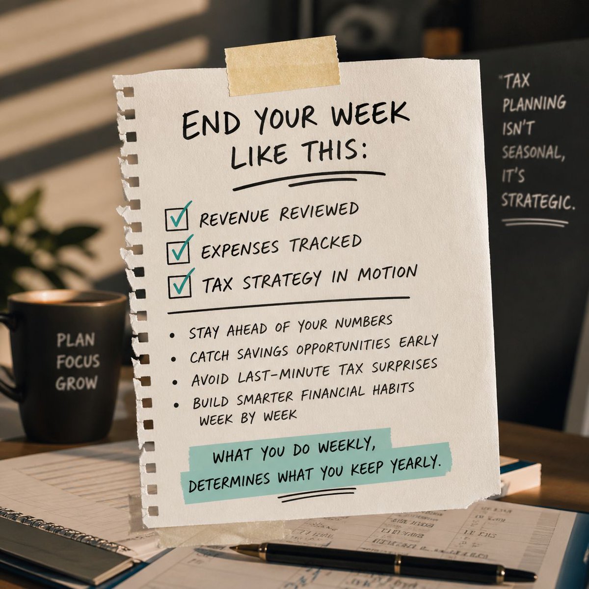 kecallp's tweet image. End your week like this:
•  Revenue reviewed
•  Expenses tracked
•  Tax strategy in motion 

Because staying on top of your numbers isn’t just about organization. It’s about opportunity.

Let’s build a strategy that works. 

 #TaxPlanning #Advisory buff.ly/2AuMPpK
