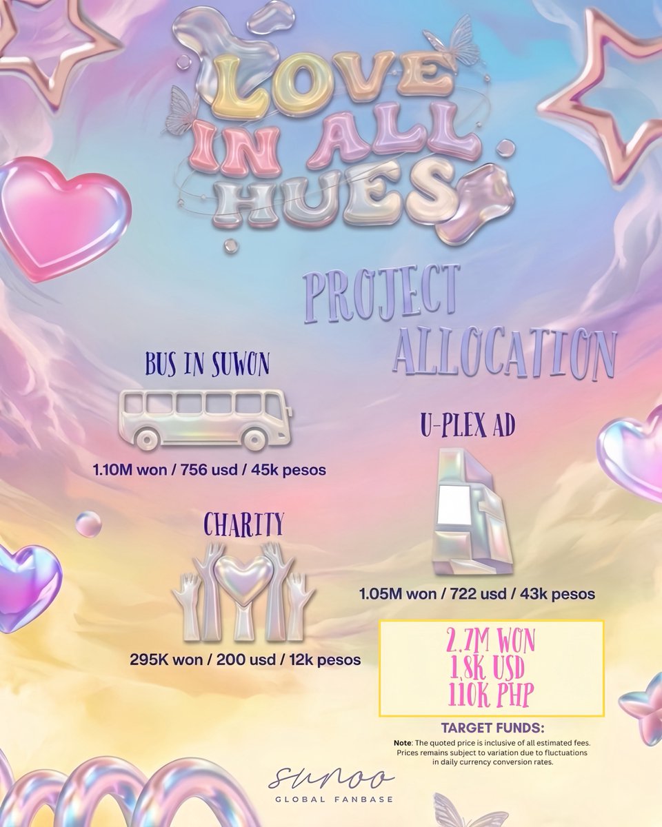 Team_Sunoo's tweet photo. [💛] 2026 SUNOO'S BIRTHDAY PROJECTS

𝐋𝐎𝐕𝐄 𝐈𝐍 𝐀𝐋𝐋 𝐇𝐔𝐄𝐒
𝙄𝙣 𝙚𝙫𝙚𝙧𝙮 𝙨𝙝𝙖𝙙𝙚 𝙤𝙛 𝙡𝙤𝙫𝙚, 𝙬𝙚 𝙛𝙤𝙪𝙣𝙙 𝙮𝙤𝙪.
𝙊𝙪𝙧 𝙎𝙪𝙣𝙤𝙤.

Just like love, you exist in many colors. Soft and gentle, bright and joyful, warm and healing, playful and free. You remind us that love doesn’t come in just one form; it grows, shifts, and shines differently in every heart you touch.

Inspired by the beauty of diverse expressions. This project celebrates you, Kim Sunoo, and the many hues of love you bring into our lives.

In every smile, every laugh, every quiet comfort, you are there.
And in every shade of love, we will always find you.

Donation Form: https://t.co/Y6pc0ymsgD
Transparency Sheet: https://t.co/evG6XYGcJU

Target Amount: 1,800 USD | PHP. 110,000 | 2.7M KRW
(Inclusive of all estimated fees; Price remains subject to variation due to fluctuations in daily currency conversion rates)

Proposed Projects:
* Bus Wrap in Suwon (Sunoo’s Hometown)
* U-Plex Advertisement
* Charity Project

Until: May 20 (for Suwon Bus) and June 15 (for U-Plex Ad and Charity Project)

Each contribution becomes part of the colors that will make Sunoo's 2026 birthday truly meaningful. ✨

#엔하이픈_선우 #김선우 #ソヌ #ENHYPEN_SUNOO #SUNOO