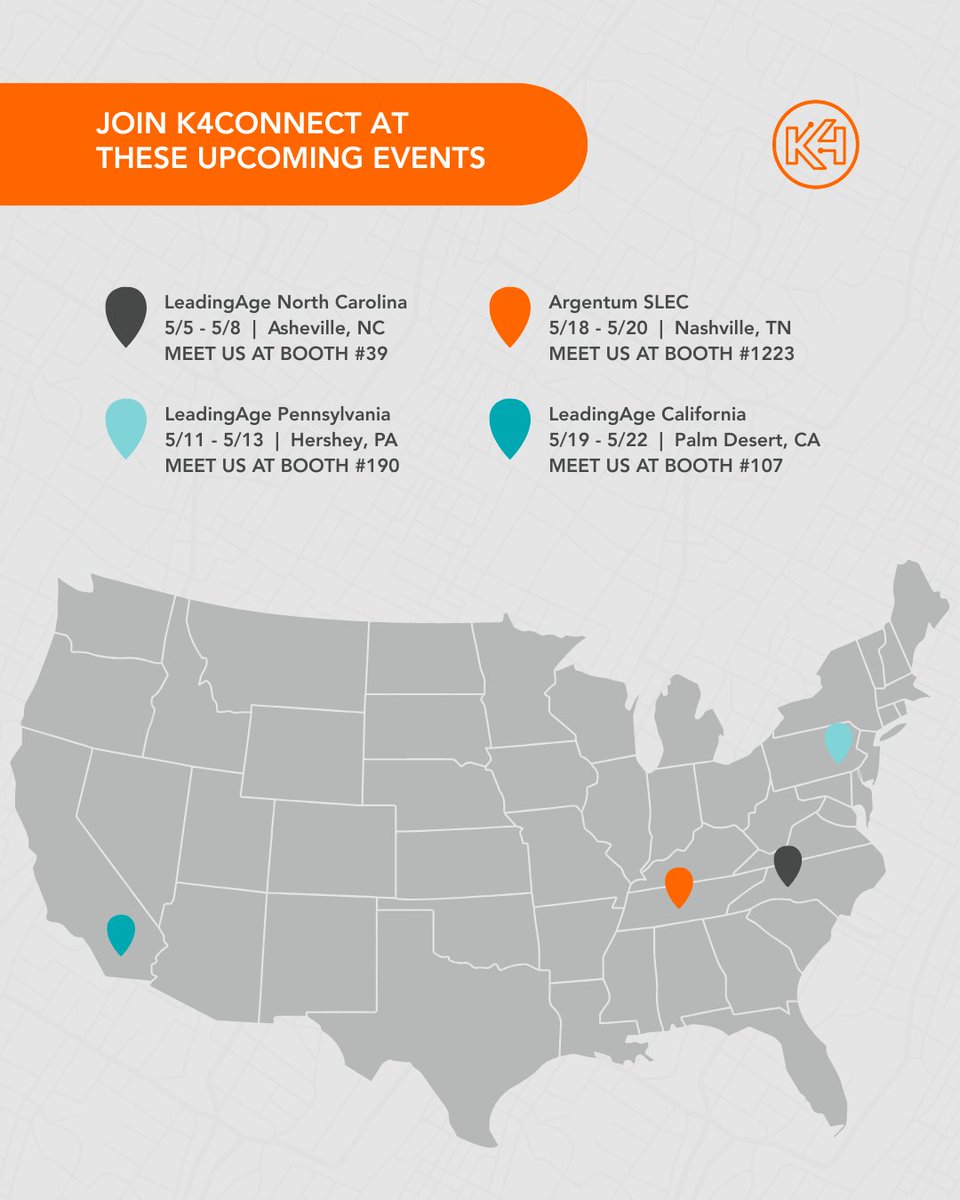 K4Connect's tweet image. Looking to connect with us? Here’s where you’ll find K4Connect this May:

💡 LeadingAge North Carolina Annual Conference 
💡 LeadingAge Pennsylvania
🤝 Argentum SLEC
💡 LeadingAge California

#K4Connect #AgeTech #SeniorLiving #LeadingAge #TechForGood