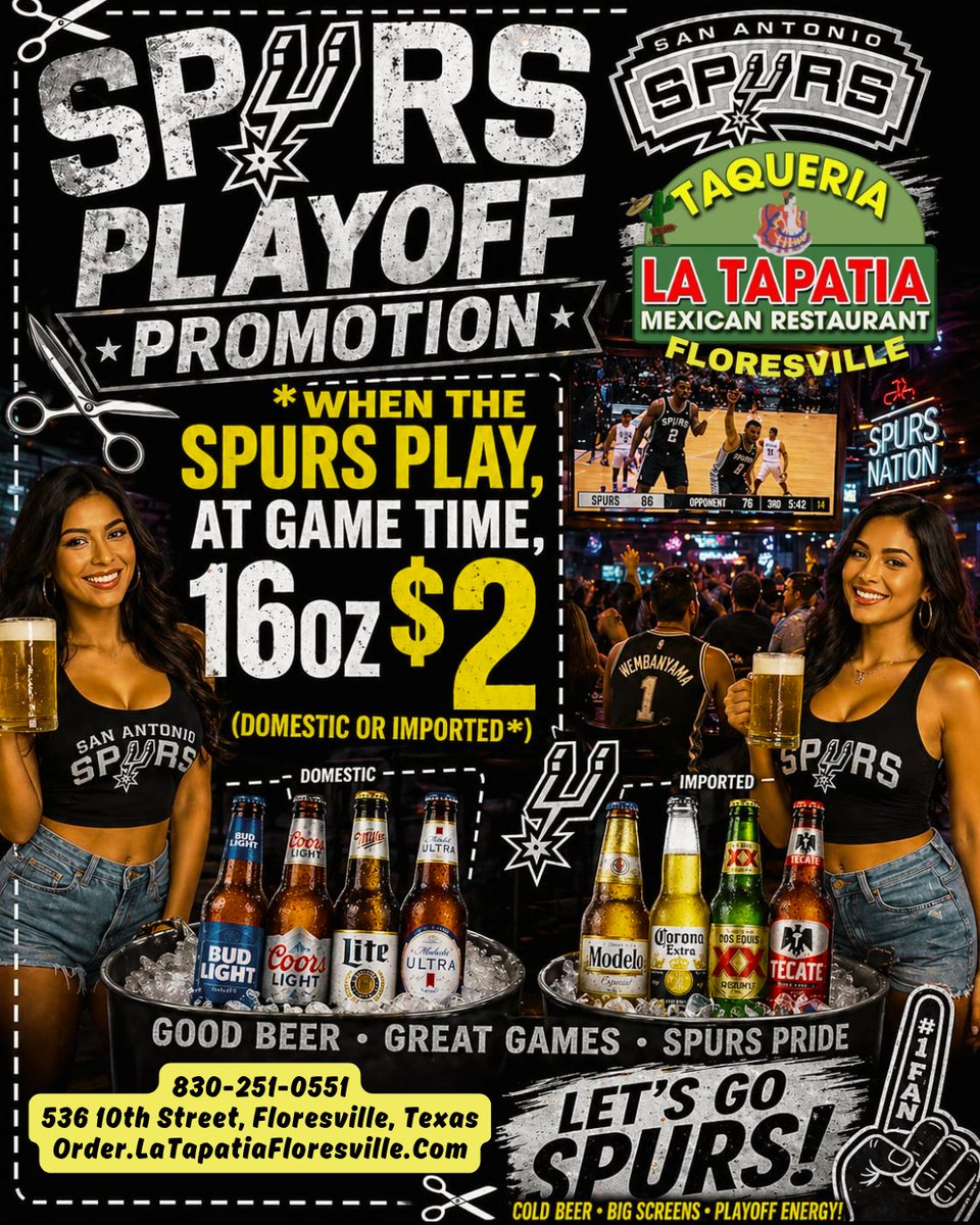 TapatiaTex96638's tweet image. 🏀🍺 Spurs Game Night Specials – Only $2!

👉 Don’t miss out—join us at game time and cheer for the Spurs! 🍺🏀

#SpursNation 🏀
#GameNight 🍻
#BeerSpecials 🍺
#LetsGoSpurs 🔥
#TexasEats 🌮