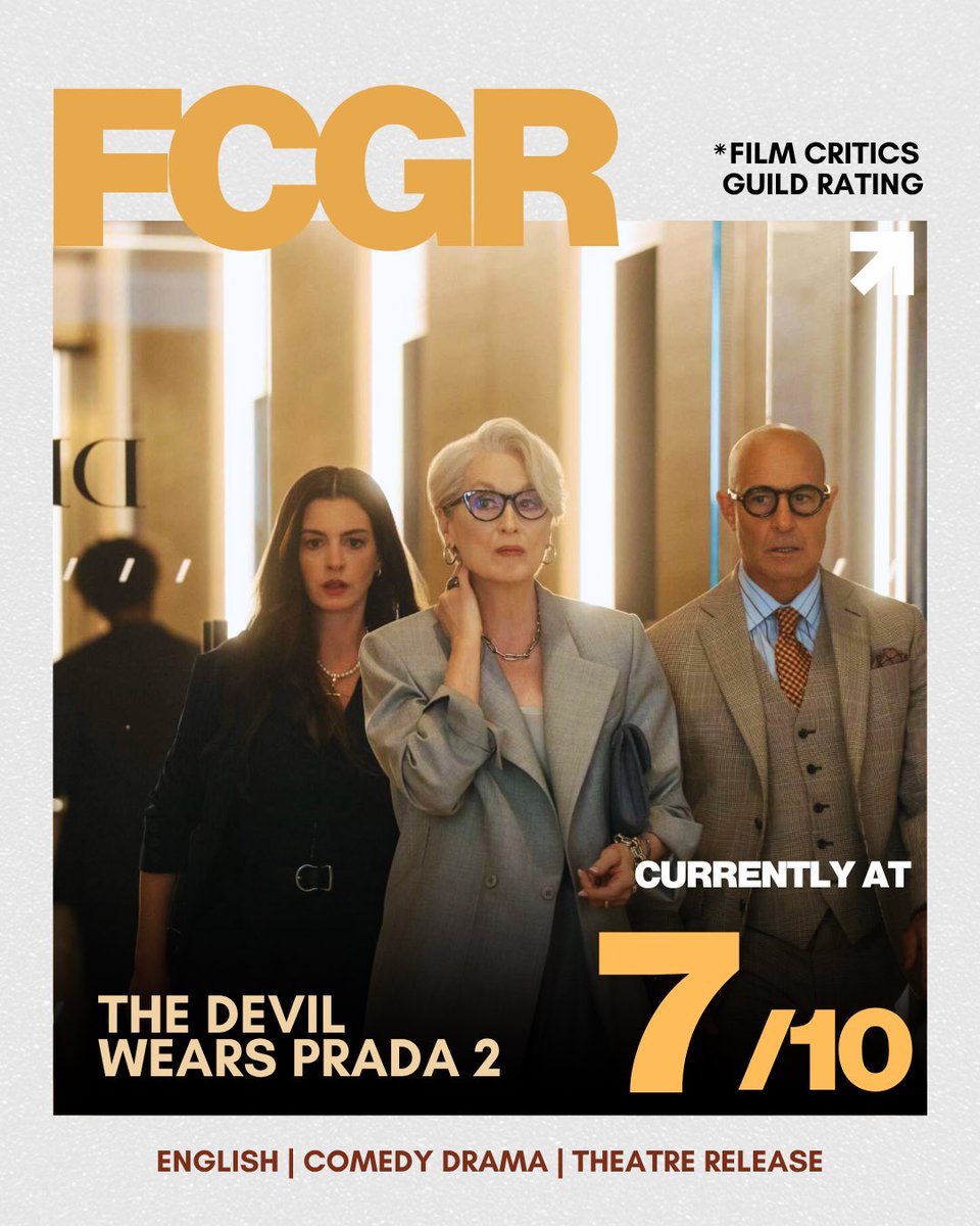 theFCGofficial's tweet image. The Devil Wears Prada 2 currently scores 7/10 on FCGR.

Directed by David Frankel, the movie stars Meryl Streep and Anne Hathaway, Emily Blunt and Stanley Tucci.

The film is currently playing in theatres.

Link to the reviews in thread below.

#reviews #TheDevilWearsPrada2