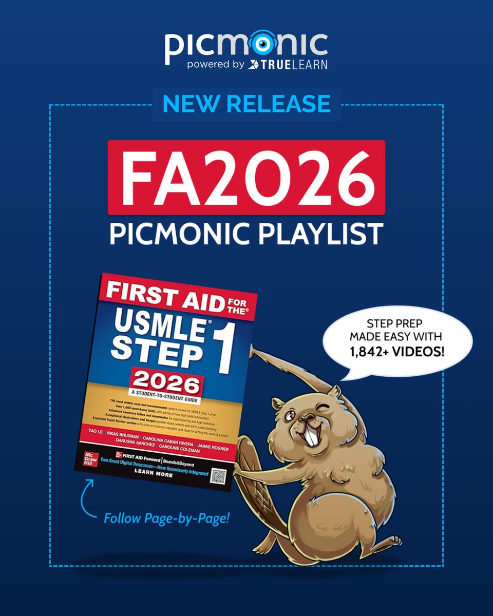 picmonic's tweet photo. Check out our comprehensive new playlist covering all Picmonic topics aligned with First Aid for the USMLE® Step 1 (2026). 

This playlist includes: 
• 1,842 Picmonics
• 119 hrs 36 mins of content
• Full alignment with First Aid '26 topics

Get it here: https://t.co/u90GyzQLQB https://t.co/QRnAQLRp89