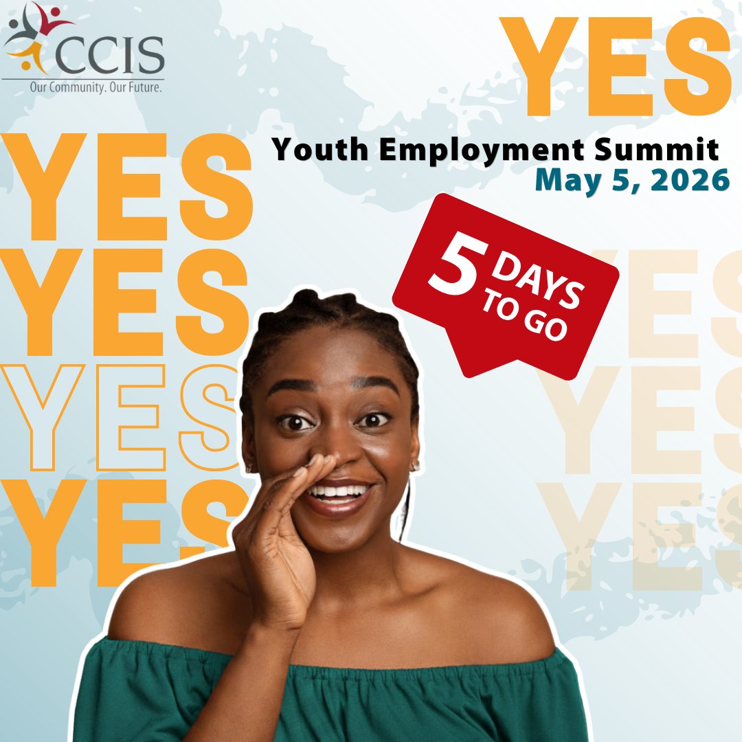 CCISAB's tweet image. 🔥 5 DAYS TO GO! 🔥
Your future doesn’t wait, and neither should you!
The 2026 Youth Employment Summit is almost here, and this is your chance to get hired!
📅 May 5, 2026 | In‑person 
⏳ Only a few spots remaining — Sign up now: ow.ly/neQl50YT4F2

#5DaysToGo #JobFair #CCIS