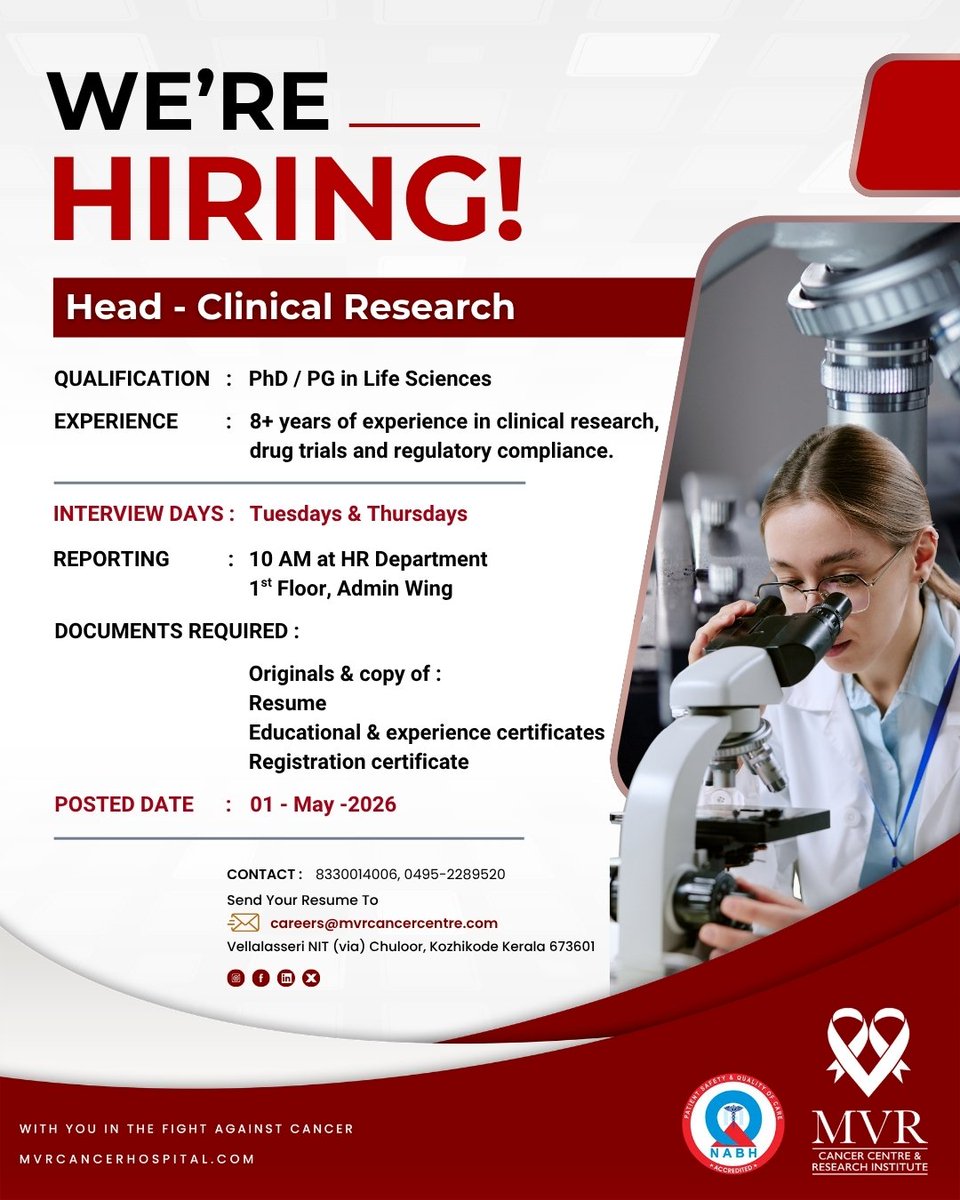 MVRCancerCentre's tweet image. WE ARE HIRING!
.
.
.
#mvrccri #WeAreHiring #CareerOpportunity #HeadClinicalResearch #ClinicalResearchJobs #HealthcareCareers