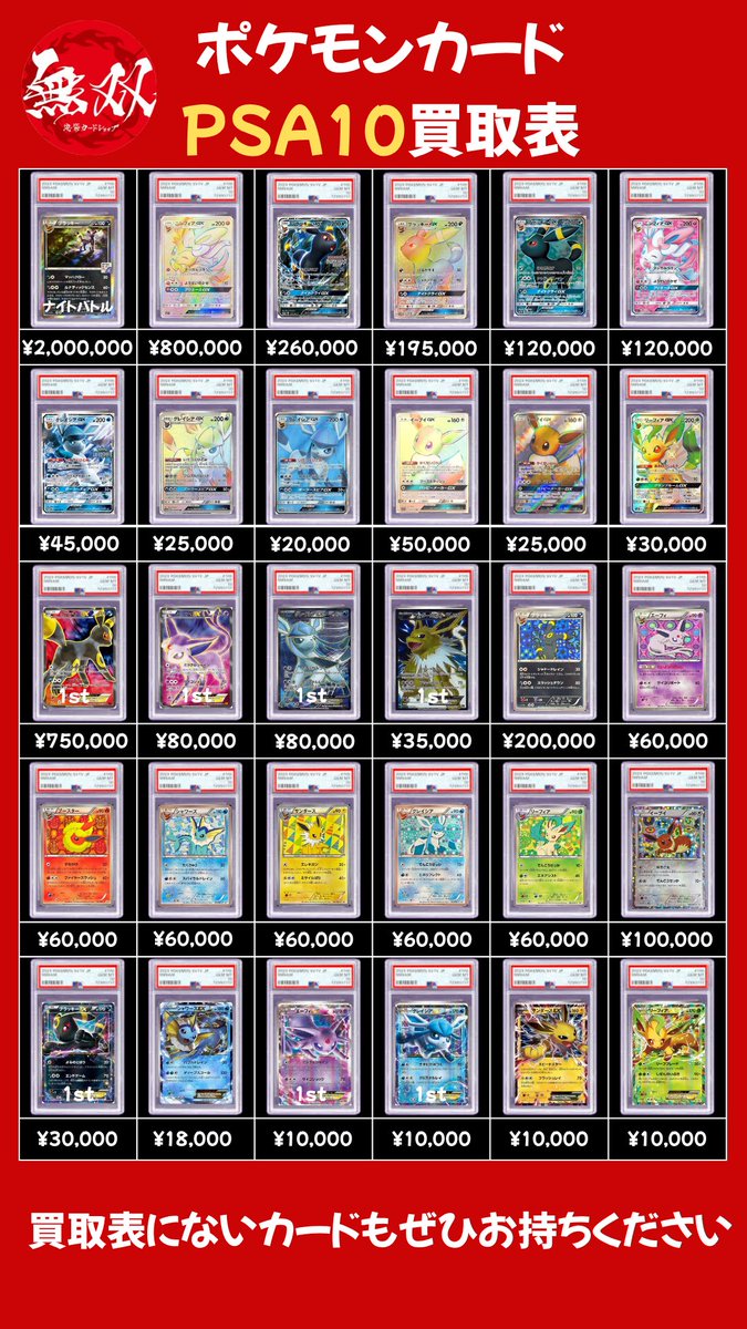 X_muso_X's tweet image. #PSA  5/2 無双 買取表🦉💘

♦️ ブラッキー ナイトバトル  200万🆙

♦️ ブラッキー チャンピオンズリーグ  26万

♦️ ブラッキーGX HR  19.5万🆙

♦️ ブラッキーGX SR  12万

♦️ ニンフィアGX SR  11万

♦️ グレイシアEX 1ST  8万

♦️ サンダースEX 1ST  3.5万

#ブラッキー #ポケモンカード30周年