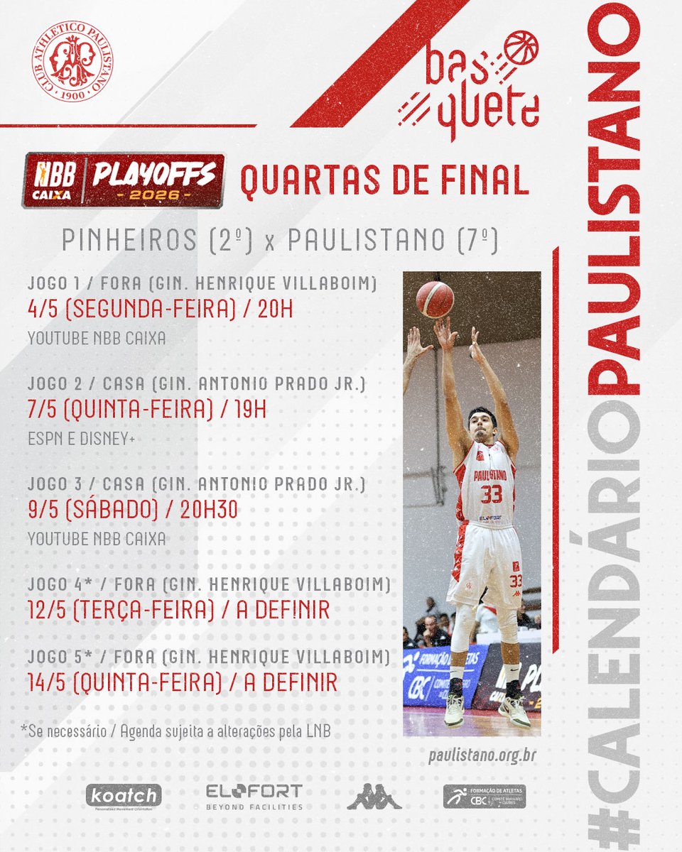 💪 DÉRBI NO PLAYOFF

🏀 Agora é quartas de final e o Paulistano enfrentará o Pinheiros, em melhor de cinco jogos, para continuar na briga pelo título de campeão do NBB Caixa 2025-26.

🗓️ Confira a agenda de jogos, prepare a torcida e venha acompanhar as partidas! #GOCAP