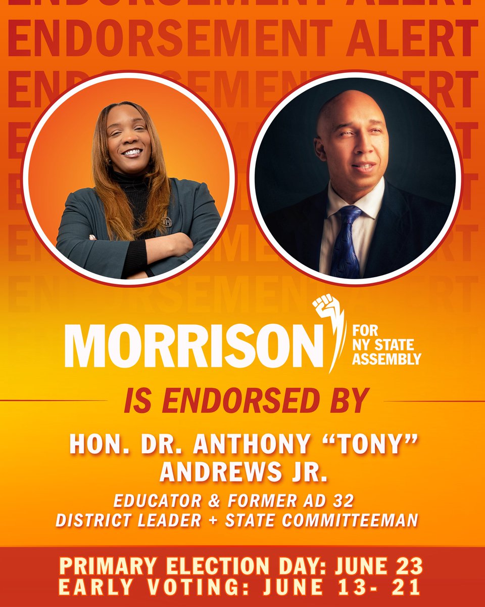 tunisia4queens's tweet photo. We’re proud to share that respected educator and longtime AD 32 leader Dr. Anthony “Tony” Andrews Jr. has endorsed Tunisia Morrison for New York State Assembly.

After nearly three decades serving the district, Dr. Andrews’ support reflects deep trust in Tunisia’s leadership and her readiness to deliver real results. As he put it, she will fight for the people, not special interests.

This is about building power from the block to the ballot. Let’s keep going.

#WeThe32