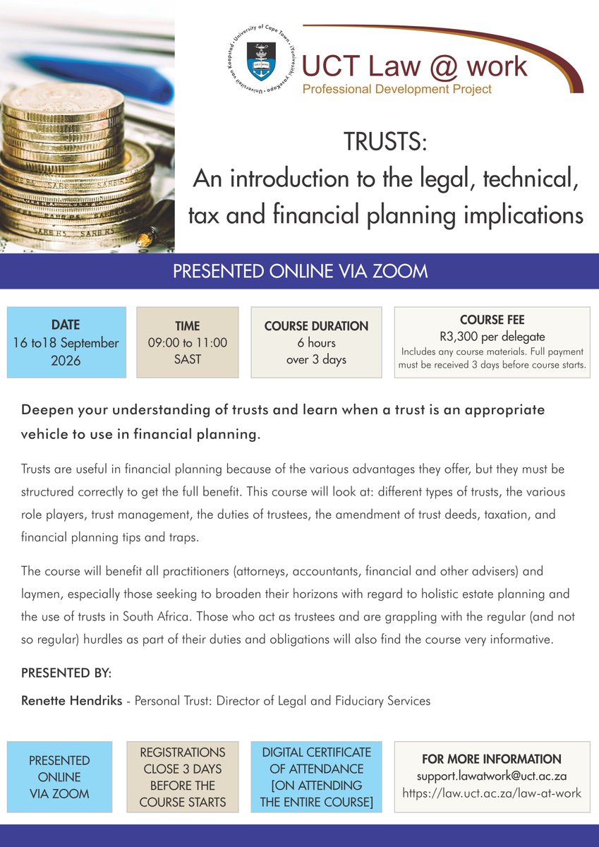 UCT_Law_at_work's tweet image. Deepen your understanding of trusts! Join UCT's online course 16–18 September 2026. Secure your spot: ow.ly/LxTo50YBFt6
#UCT #law #trusts