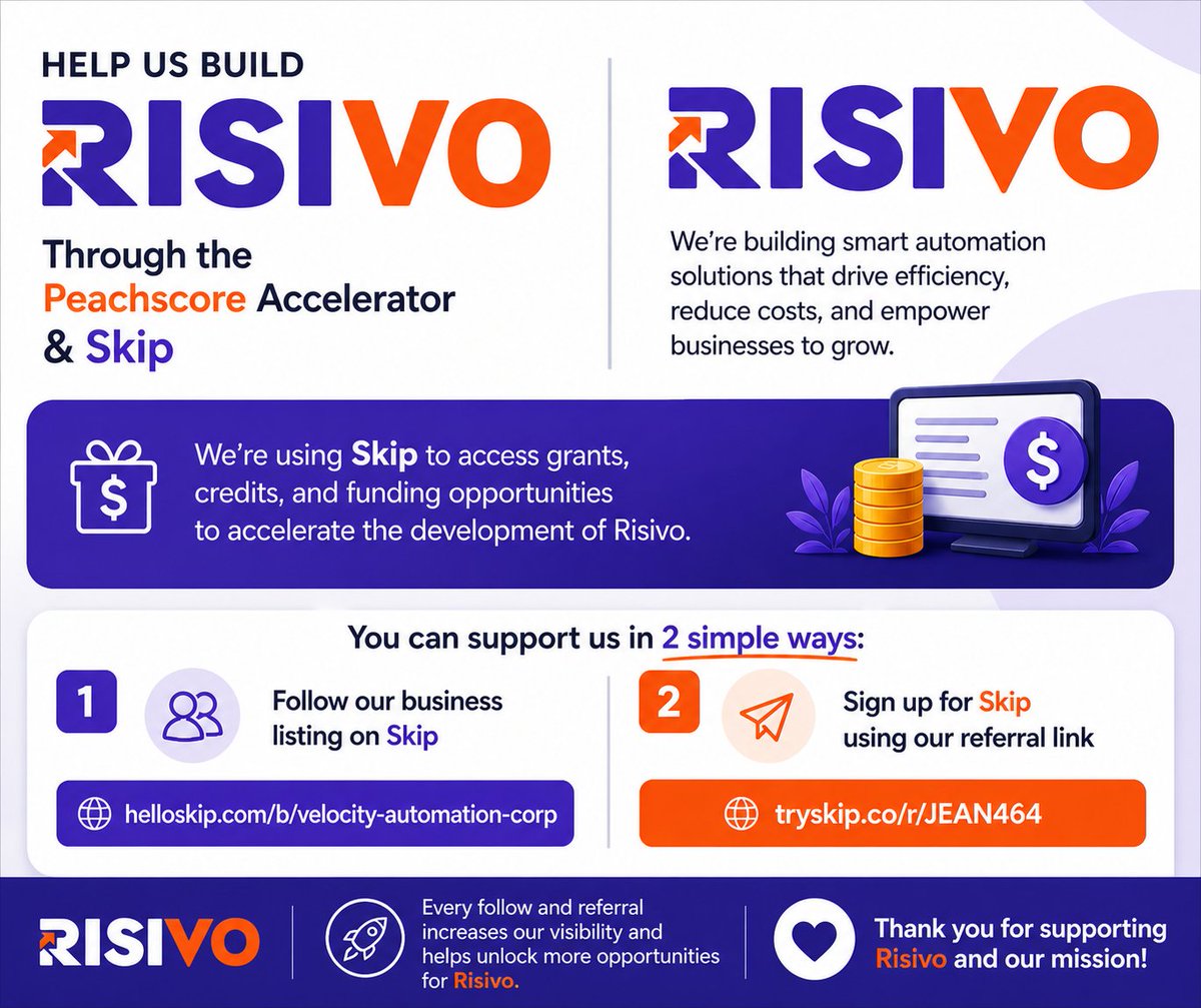 risivocrm's tweet photo. We’re building Risivo through the Peachscore Accelerator and using @HelloSkip to access grants, credits, and funding opportunities.

Support us in 2 quick ways:

Follow our listing:
https://t.co/KoUBEyK8kN
Sign up via our referral link:
https://t.co/mvvhwaLGCX

Every follow + referral helps boost our visibility and unlock more opportunities for Risivo.
#startup #founders #smallbusiness #grants #funding