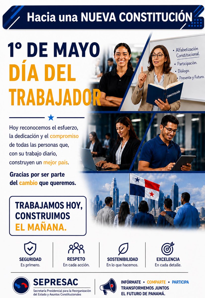 sepresac's tweet photo. 🔵 1 DE MAYO
Hoy reconocemos a quienes, con esfuerzo, compromiso y vocación, construyen un mejor país todos los días 🇵🇦
Desde las aulas, oficinas y comunidades, el trabajo digno impulsa el presente y transforma el futuro.
💙 ¡Feliz Día del Trabajador!
#SEPRESAC #DíaDelTrabajador https://t.co/jJxjQt8cFt