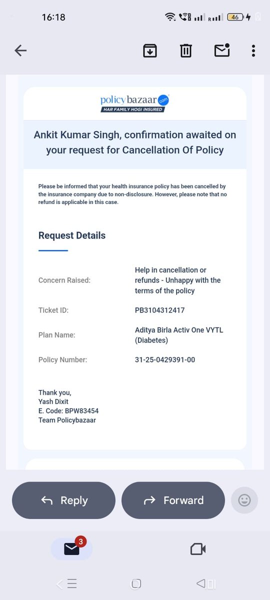 MishraDiya97852's tweet image. @policybazaar &amp;amp; @AdityaBirlaGrp cheated my colleague Ankit Kumar Singh. After disclosing Diabetes at the time of purchase (confirmed by RM Hasmukh), a ₹1.85L ICU claim was rejected for "non-disclosure." Now they are forcing a refund to escape their liability. #InsuranceFraud