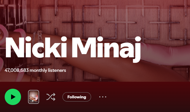📈 |<a href="/NICKIMINAJ/">Nicki Minaj</a> gained 263,571 monthly listeners on Spotify on Thursday, April 30

She now totals 47.00 million listeners on the platform.
