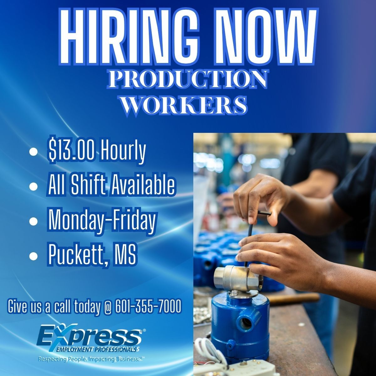 Come work where your hard work is appreciated! 💪 We’re looking for motivated Production Workers for all shifts. Great team, great vibes, and starting pay at $13.00 per hour! Give Express a call today at 601-355-7000 to schedule your interview.... expresspros.com/flowoodms
**No