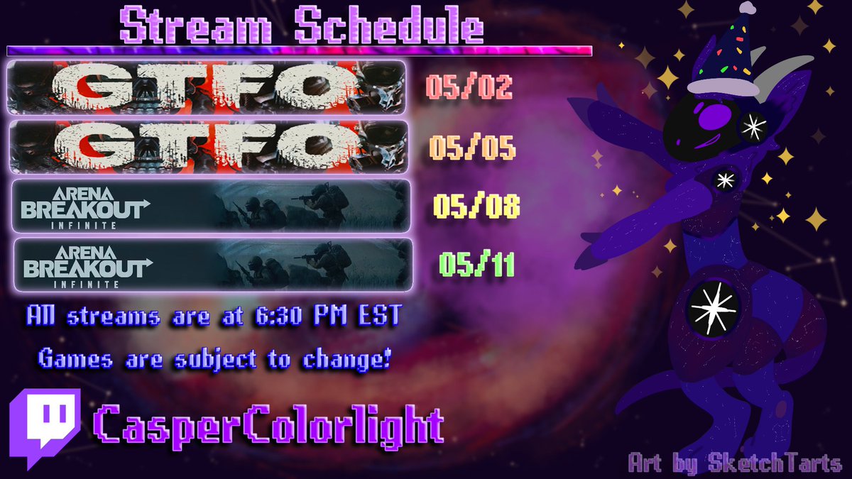 CasprColorlight's tweet image. Stream Schedule - 05/02-05/11

Games are subject to change depending on mood and availability.

All streams at 6:30 PM EST unless stated otherwise.

See you all there :)

#Stream #Twitch #Schedule #StreamSchedule