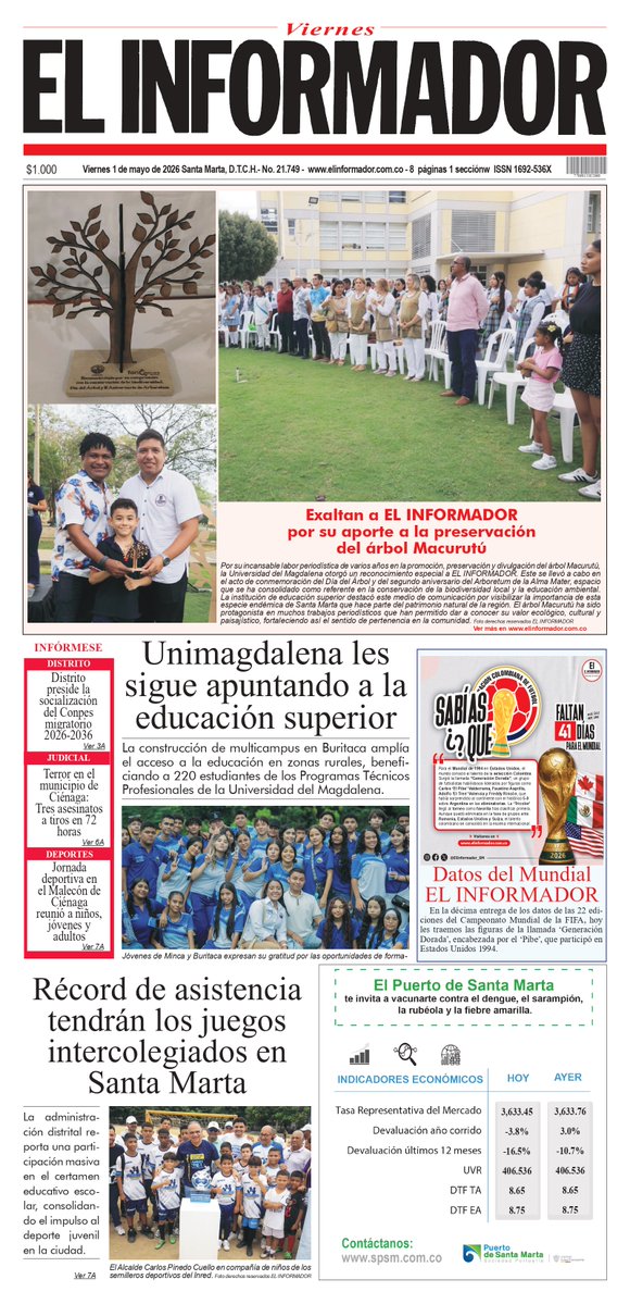 ElInformador_SM's tweet image. #FelizDomingo | 🌞Esta es nuestra #Portada de hoy. Más información en elinformador.com.co 🗞️📰#ViviendoLaNoticia #SoyInformador