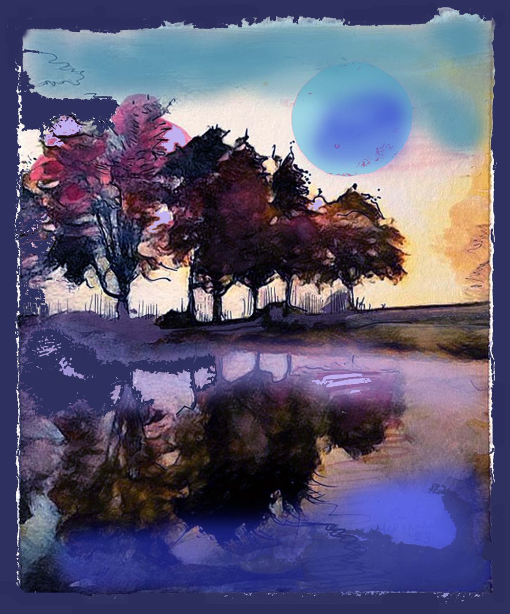 RuthMcDonald1's tweet photo. Look at the new Moon in the sky tonight large and glowing shining forth just like my picture here showing trees and the moon reflected in water 
#FullMoon #Moonlight #trees #countryside #Friday #watercolour #watercoloupainting #artwork #artist #colourful #painting #FirstofMay https://t.co/PNGCTwLCzm