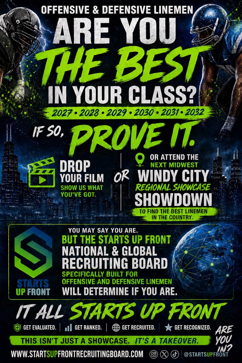 Startsupfront's tweet photo. 🚨 OFFENSIVE & DEFENSIVE LINEMEN… THIS IS YOUR CALL OUT. 🚨

You keep saying you’re the BEST in your class…
But in the world of #FootballRecruiting and #Exposure, talk don’t move the needle… performance does.

👉 Who verified it?
👉 Who ranked it?
👉 Who stamped it?

Because in the trenches, it’s #EarnedNotGiven — and only the #TrenchKings survive.

💥 If you’re REALLY HIM from the #ClassOf2027 #ClassOf2028 #ClassOf2029 #ClassOf2030 #ClassOf2031 #ClassOf2032
then it’s time to STOP TALKING and START PROVING.

🎯 TWO WAYS TO STEP INTO THE FIRE:

🔥 DROP YOUR FILM and show the world you belong in the #NextLevel conversation
OR
🔥 PULL UP to the Midwest Windy City Regional Showcase Showdown and prove it live in front of real evaluators who understand the #BigManMovement

⚠️ Because this ain’t just another event in #FootballLife…

This is the #StartsUpFront National & Global Recruiting Board —
the ONLY platform built specifically for #OL and #DL, where the trenches control everything.

💣 That means:
No hype. No politics. No shortcuts.

👉 Just #GetEvaluated
👉 #GetRanked
👉 #GetRecruited
👉 #GetRecognized

You may SAY you’re the best…

💥 BUT WE DETERMINE IF YOU ARE. 💥

🧱 IT ALL #StartsUpFront

This isn’t just a showcase… this is #TrenchWork at the highest level, where athletes from #MidwestFootball to #ChicagoFootball and beyond come to dominate.

🌎 REGISTER OR SUBMIT FILM NOW:
👉 https://t.co/pDnSGPnxwh

👀 Now let’s find out who’s really built for this…

👇 Drop your position + class + city if you’re ready for #RecruitMe moments
👇 Tag the lineman who thinks he’s the best in #OffensiveLine or #DefensiveLine
👇 Share this with your squad if you’re ready to #DominateTheLine

Because at the end of the day…

You either prove it in the trenches…
or get exposed in them.