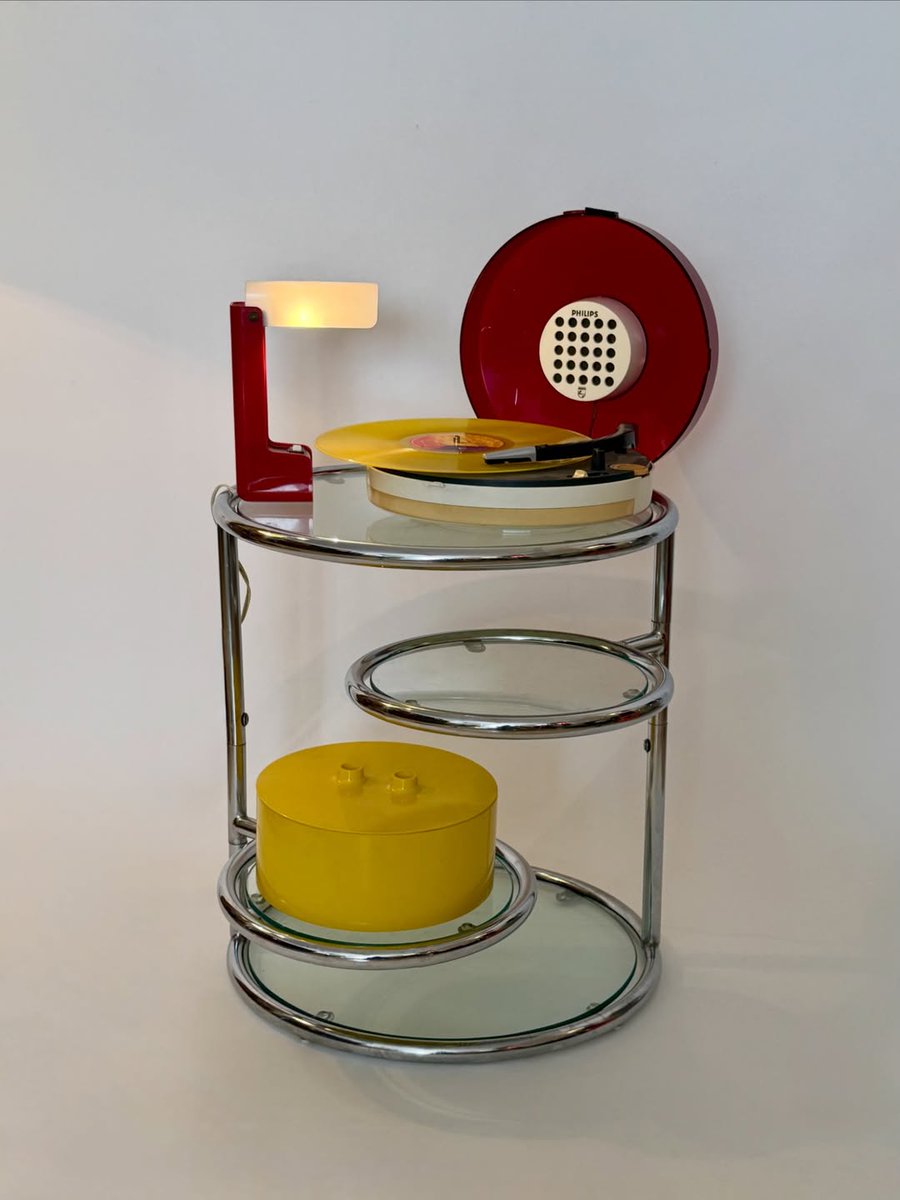 Vintage Tubular Chrome and Glass Swivel Tiered Side Table, 1970's