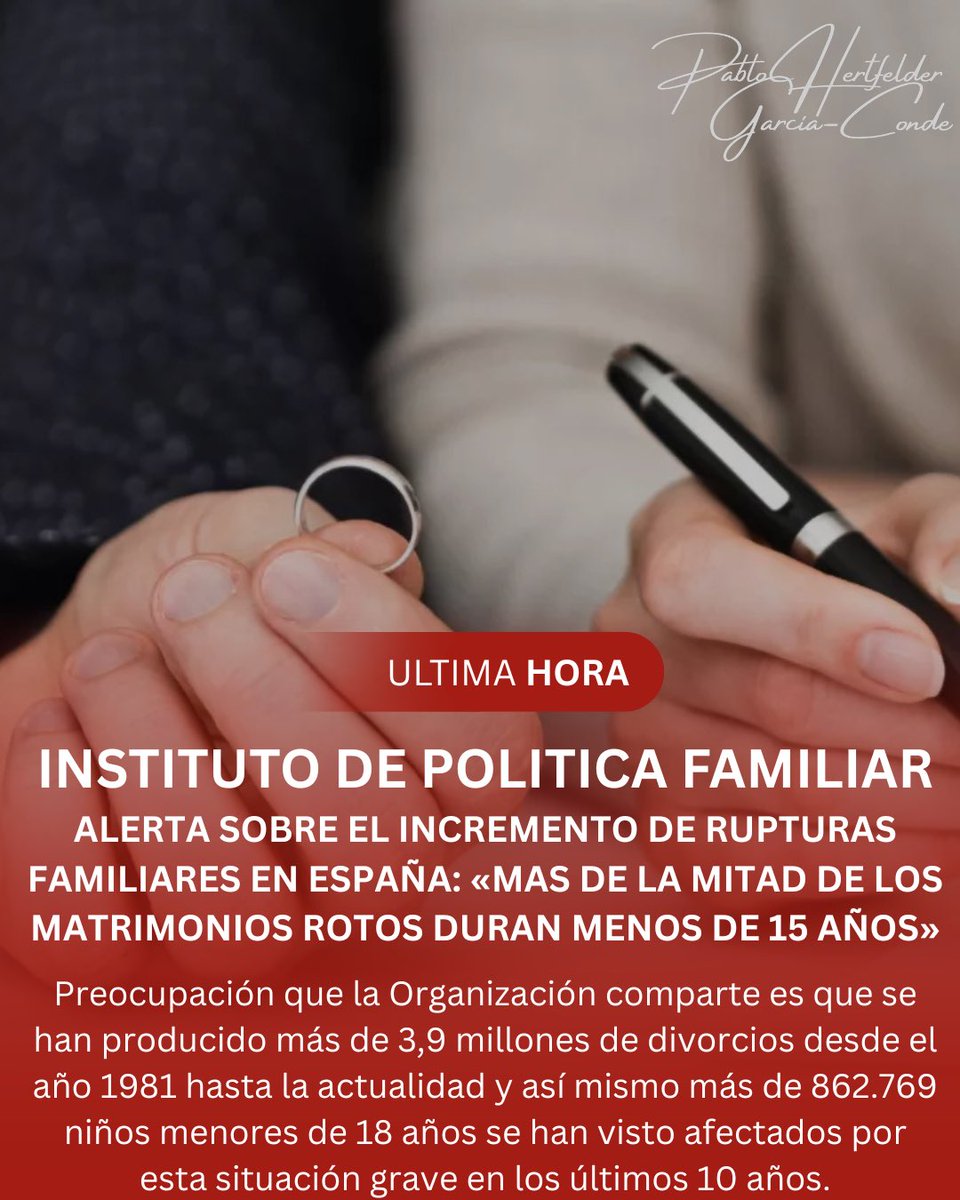 #URGENTE 🔴🔴🚩 En España se han roto más de 3,9 millones de matrimonios desde el año 1981.

El Instituto de Política Familiar (IPF) denuncia esta realidad y acusa al Gobierno de legislar contra la Familia. 

¿Somos conscientes de que cada 6 minutos un matrimonio se rompe?