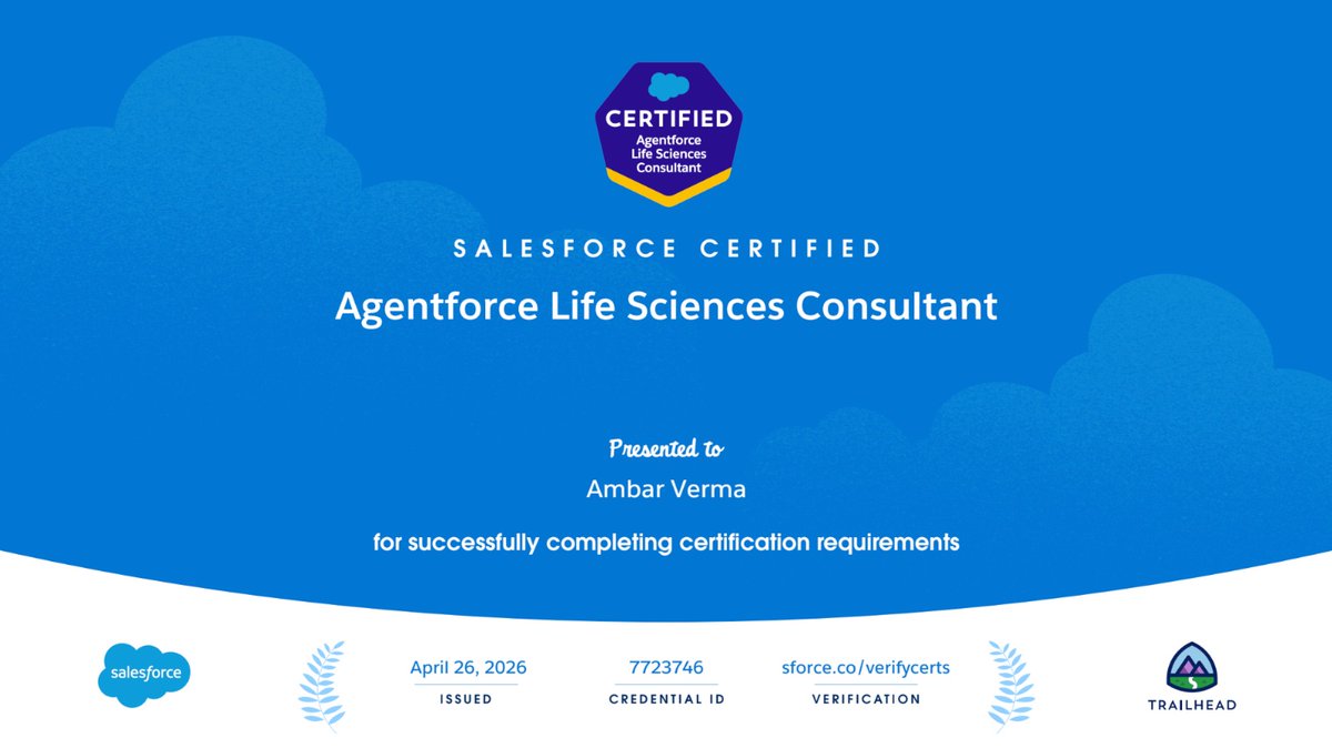 technofactr's tweet photo. Completed the Agentforce Life Sciences Consultant certification from @salesforce.

Onwards to building Agentic architectures in Life Sciences.

#Agentforce #Trailhead #LifeSciences https://t.co/q1huN1RL8F
