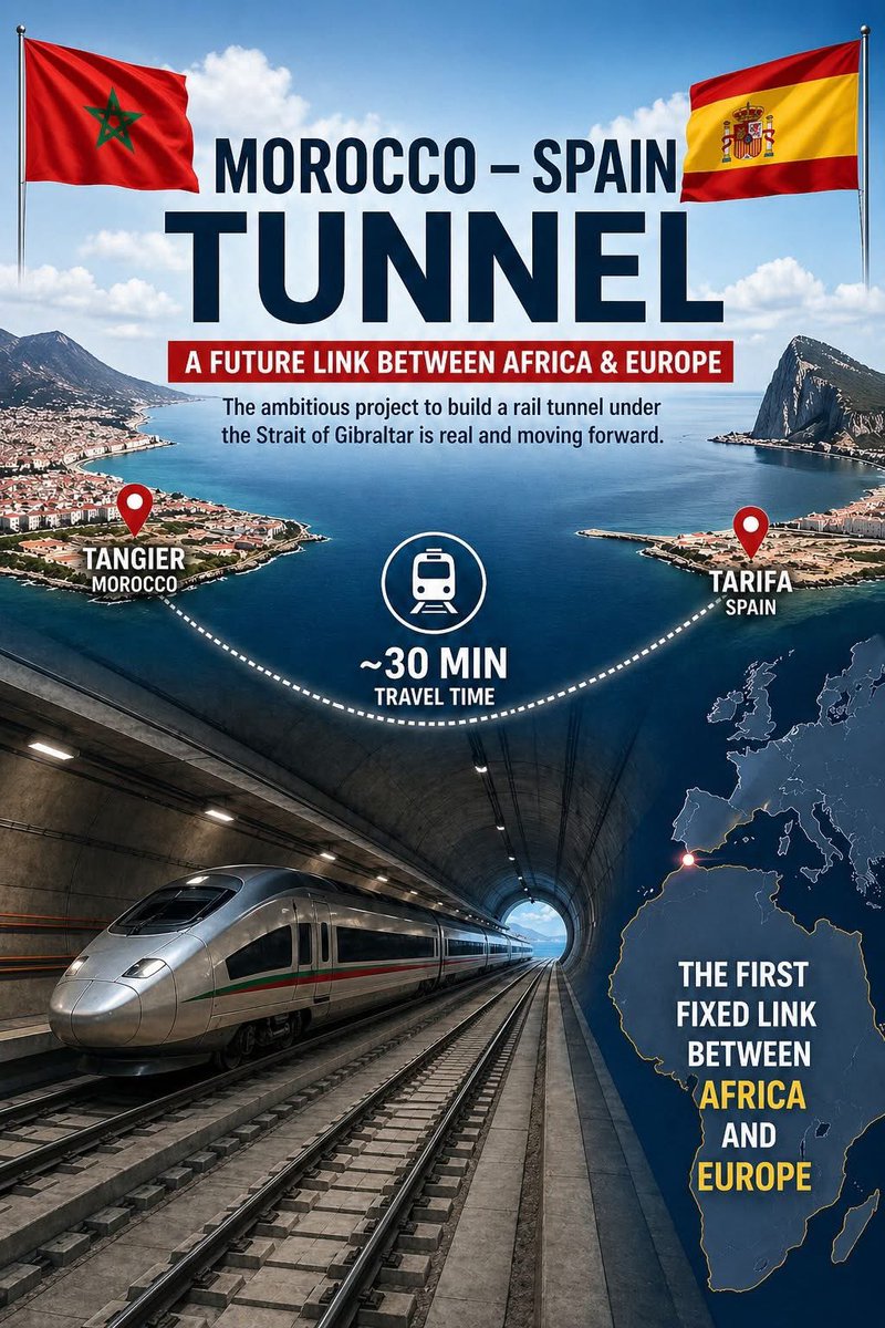moadus1's tweet photo. A tunnel between Morocco and Spain is no longer just an idea… it’s a real project under study. This future link could connect Africa and Europe in just 30 min, changing travel and trade forever. Morocco is not just a gateway anymore… it’s becoming a key global hub. #Morocco 🇲🇦 https://t.co/IE3DhSOKa2